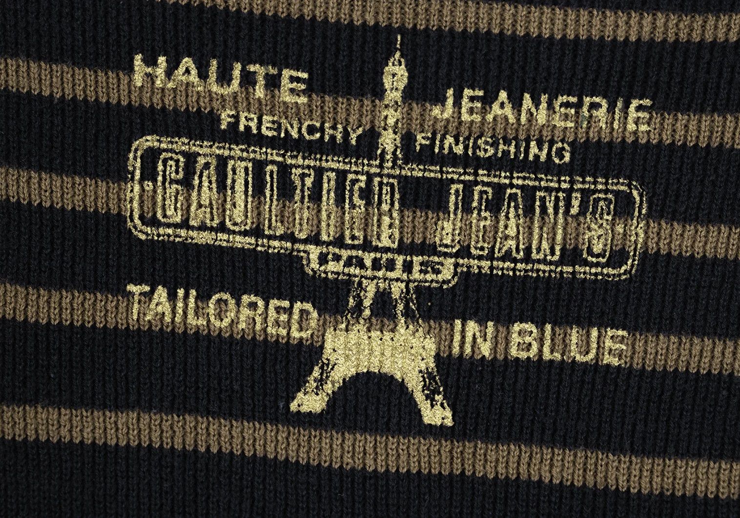 Jean Paul Gaultier Tower Print Striped Knit Sweater in Navy Khaki, Size 48 Size US M / EU 48-50 / 2 - 5 Thumbnail