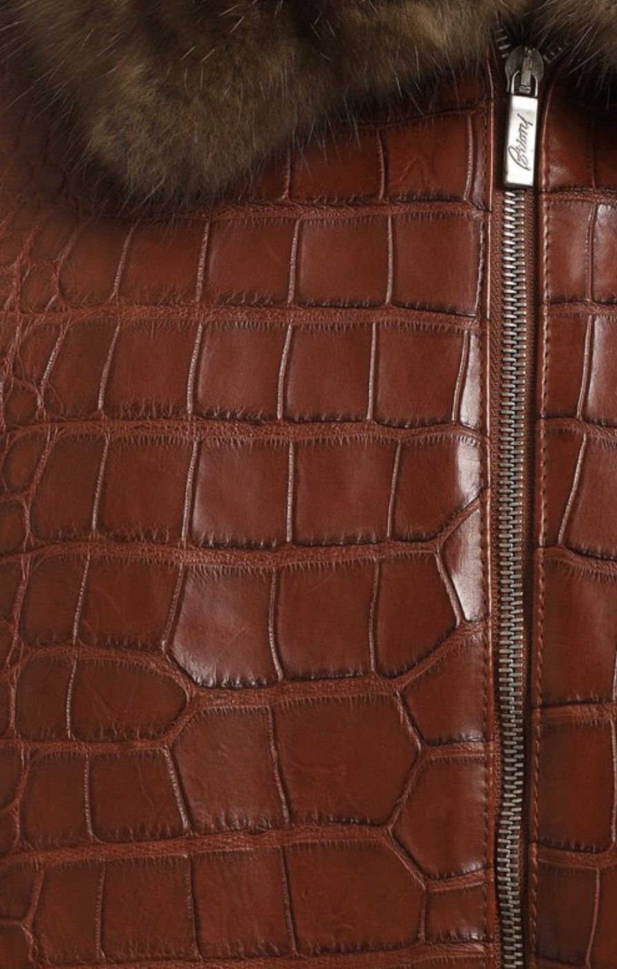 Brioni Brioni Leather Crocodile Effect Fur Detail Brown Jacket Size US XXL / EU 58 / 5 - 3 Thumbnail