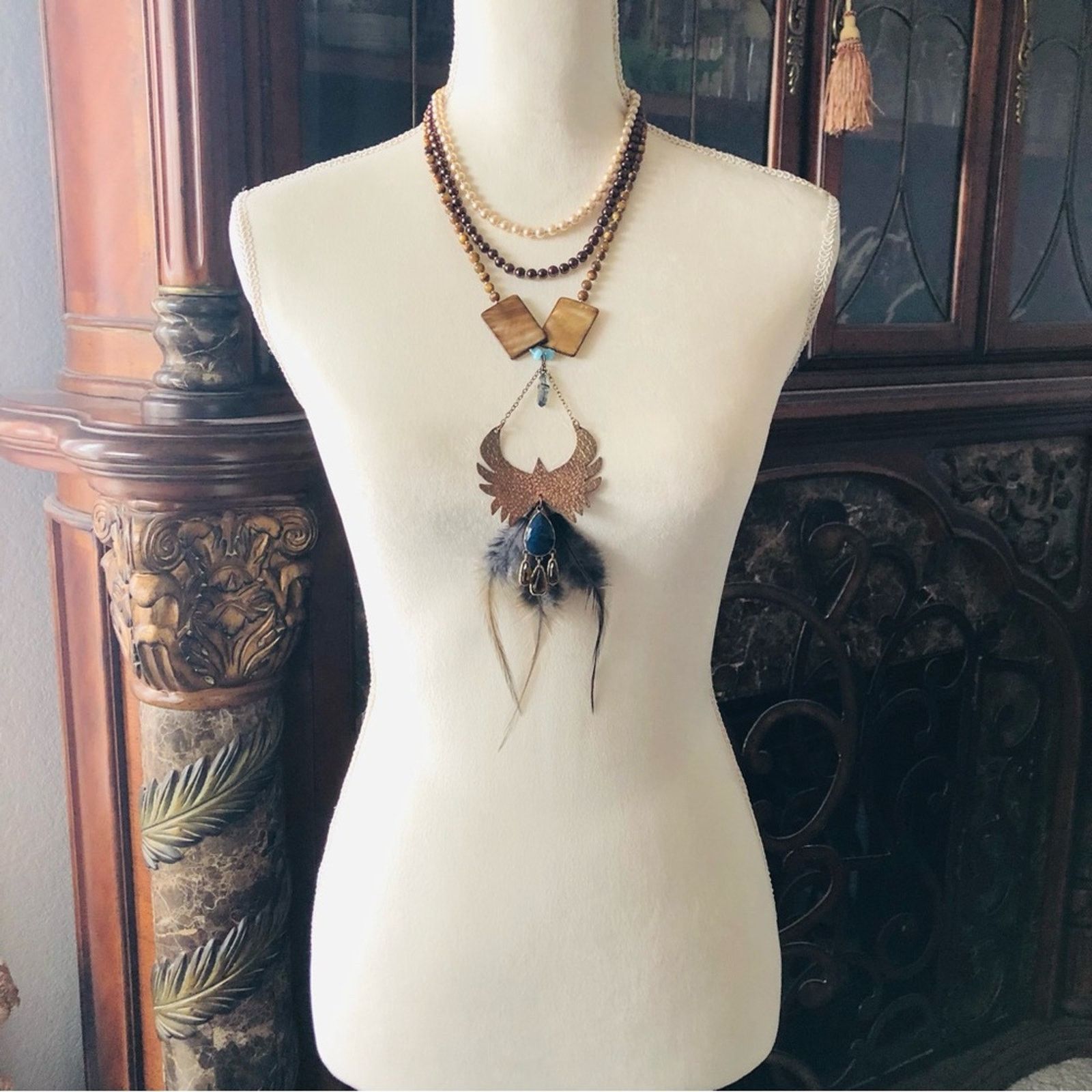 Jewelry Handcrafted copper eagle Czech Pearl tiger eye necklace Size ONE SIZE - 6 Thumbnail
