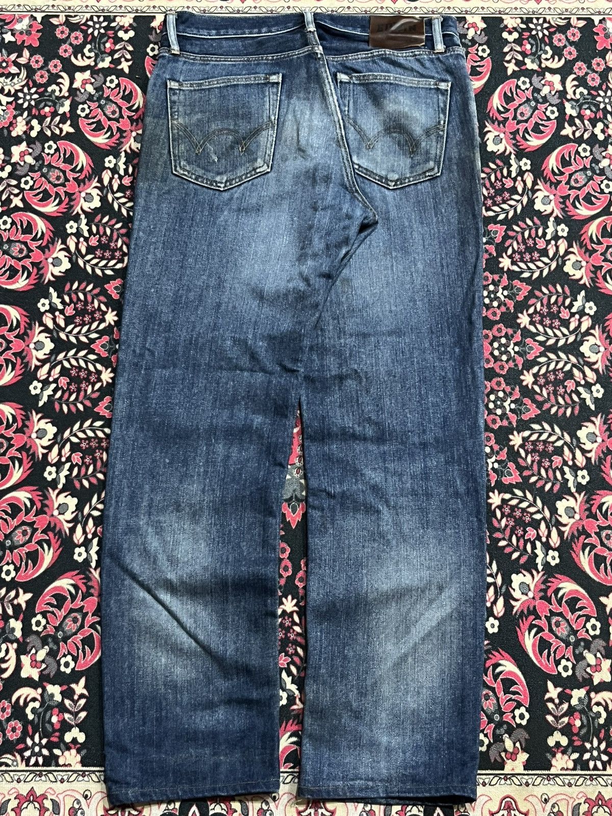 Edwin Edwin 503 Dark Blue Faded Washed Repaired Knee Straight Jean Size US 31 - 2 Thumbnail