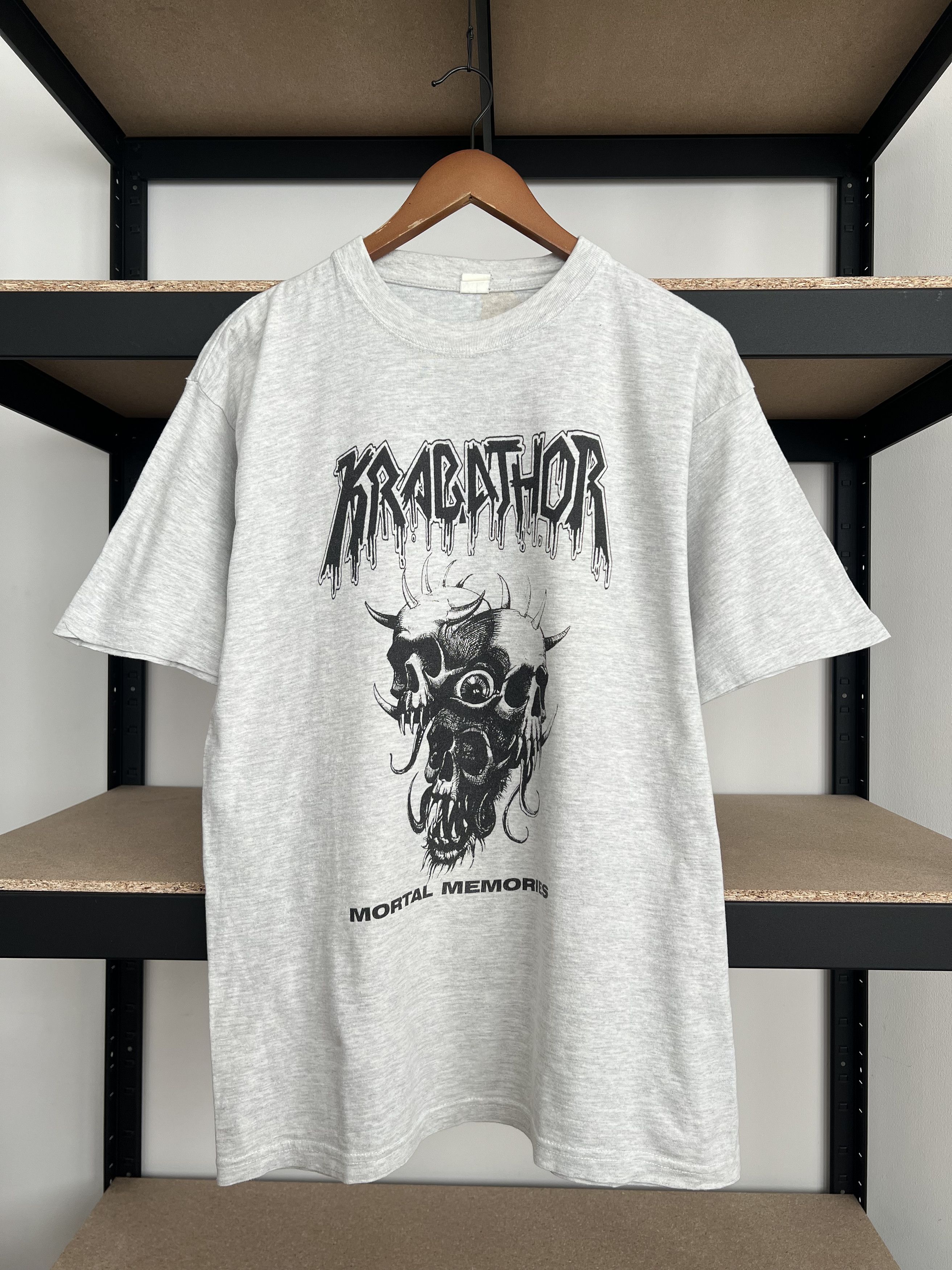 image of Band Tees x Rock T Shirt Vintage 90's Krabathor Mortal Memories Krabator Death Metal in Grey (Size 