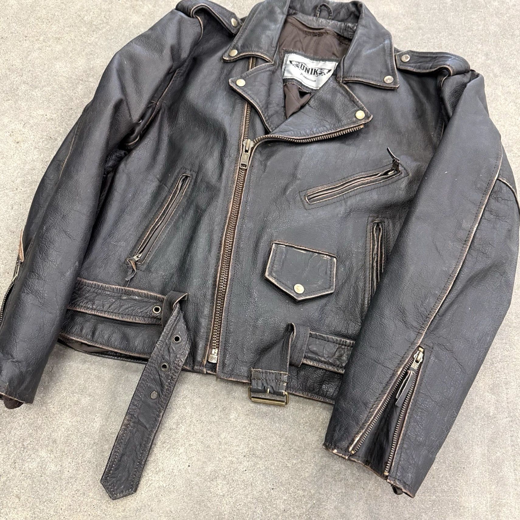 Vintage Unik Premium Brown Distressed Leather Motorcycle Biker Rocker Jacket Mens 46 Size US S / EU 44-46 / 1 - 5 Thumbnail