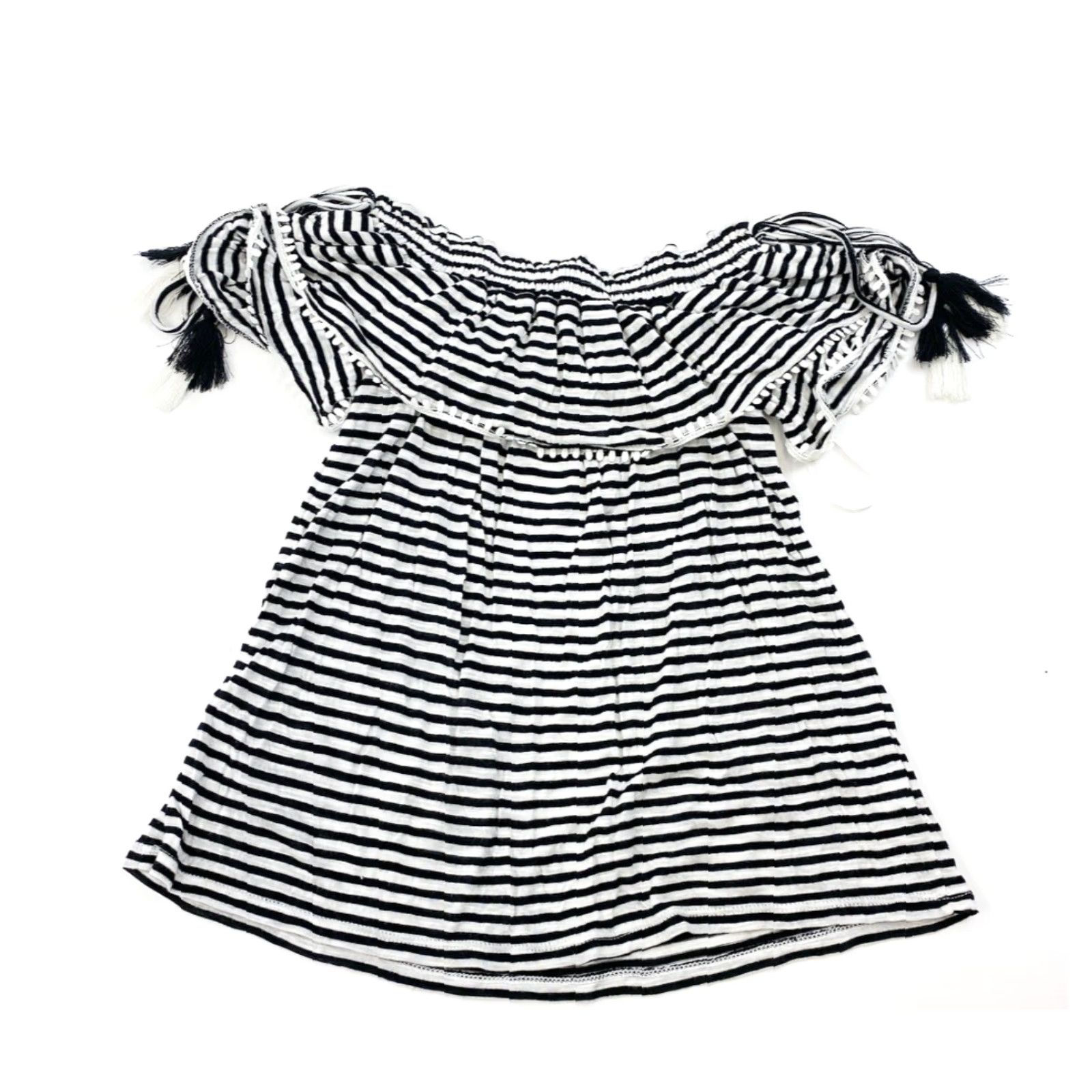 Loft LOFT Blouse Top Striped Off The Shoulder Petite XXS XS P2XS Tassel Viscose Knit Flutter Sleeve Multicolor Short Sleeve Women's Blouse Size XXS / US 00 / IT 34 - 3 Thumbnail