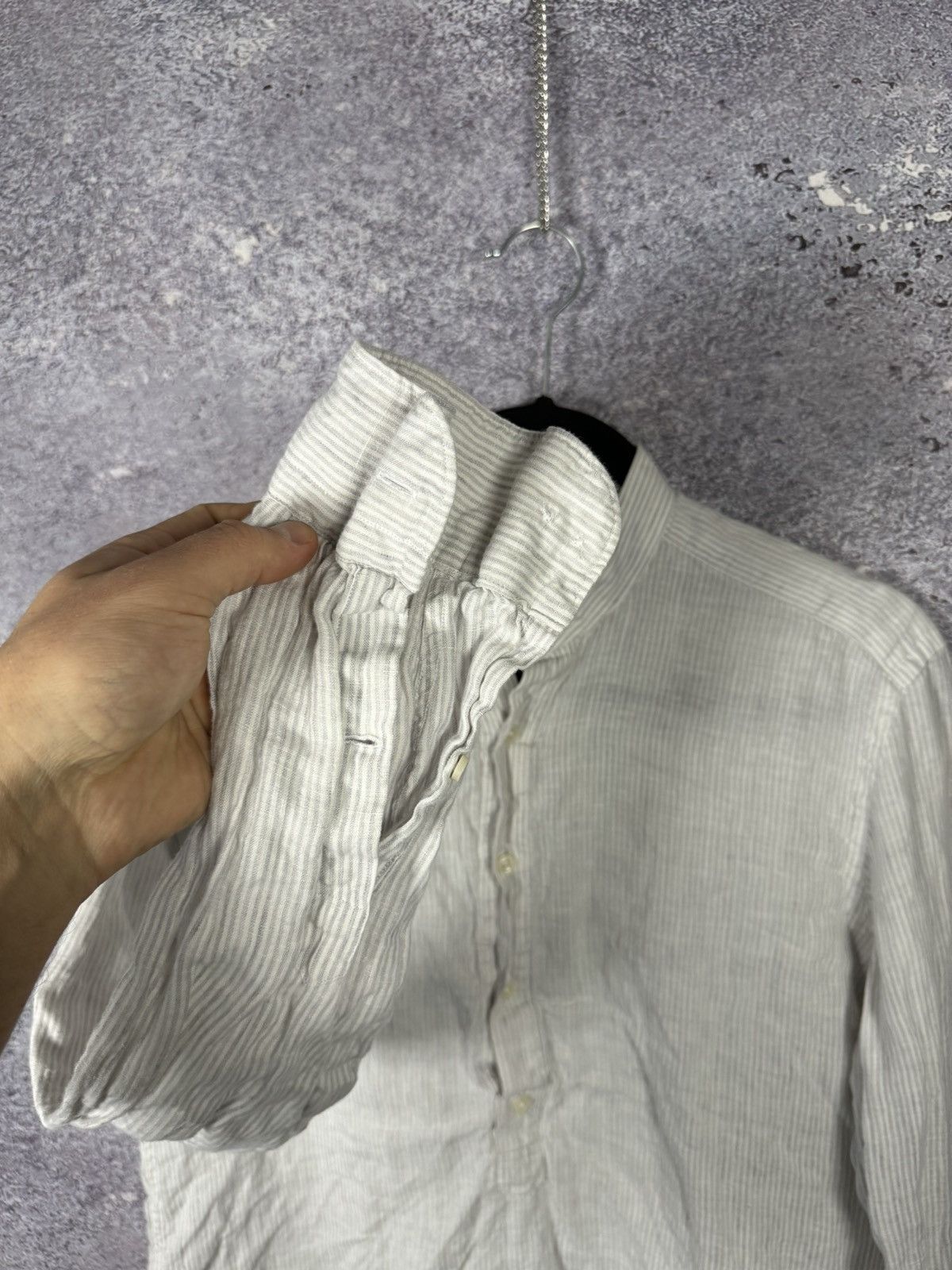 Suitsupply Suitsupply Shirt Gray Stripe Pure Linen Band Collar Popover Size US M / EU 48-50 / 2 - 8 Thumbnail