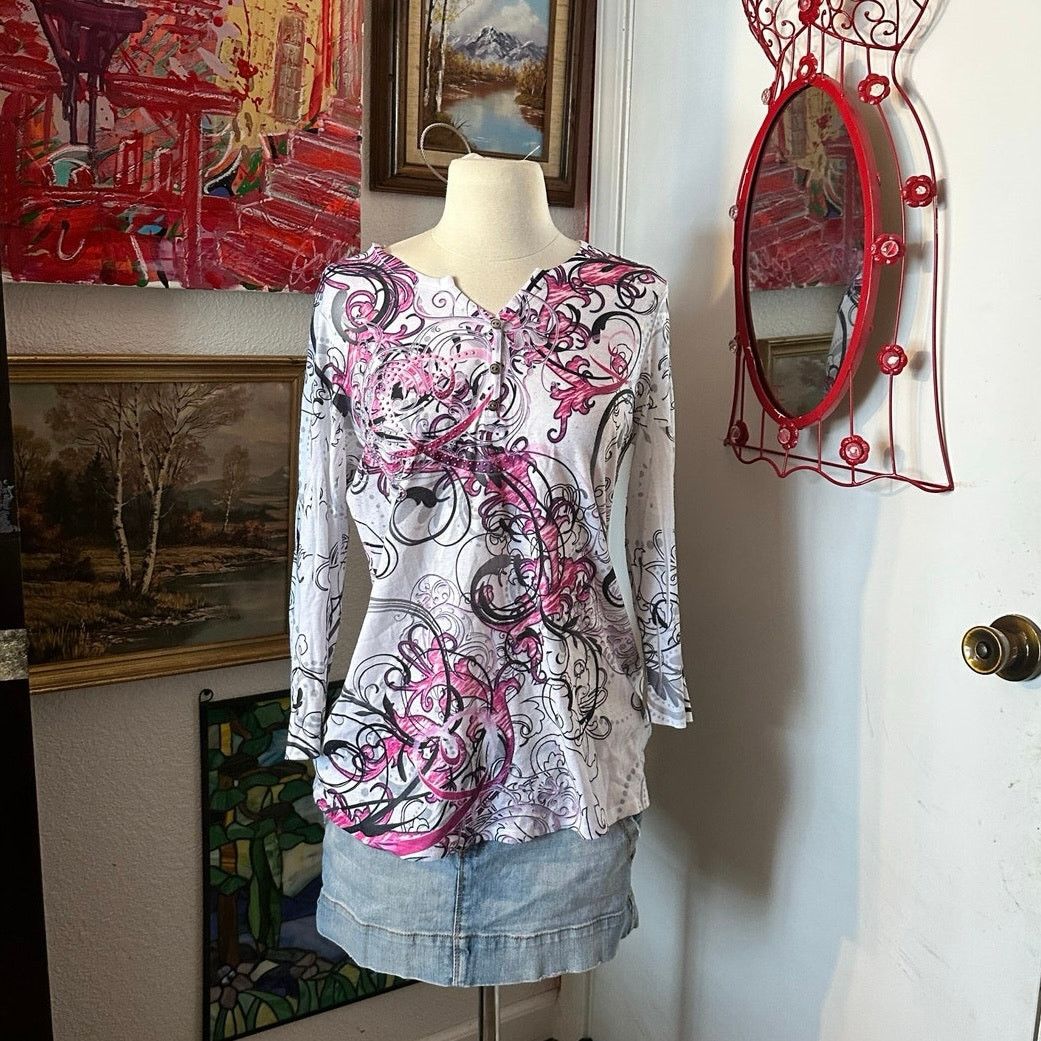Style & Co style&co flourish pink white black long sleeve shirt Size L / US 10 / IT 46 - 1 Thumbnail