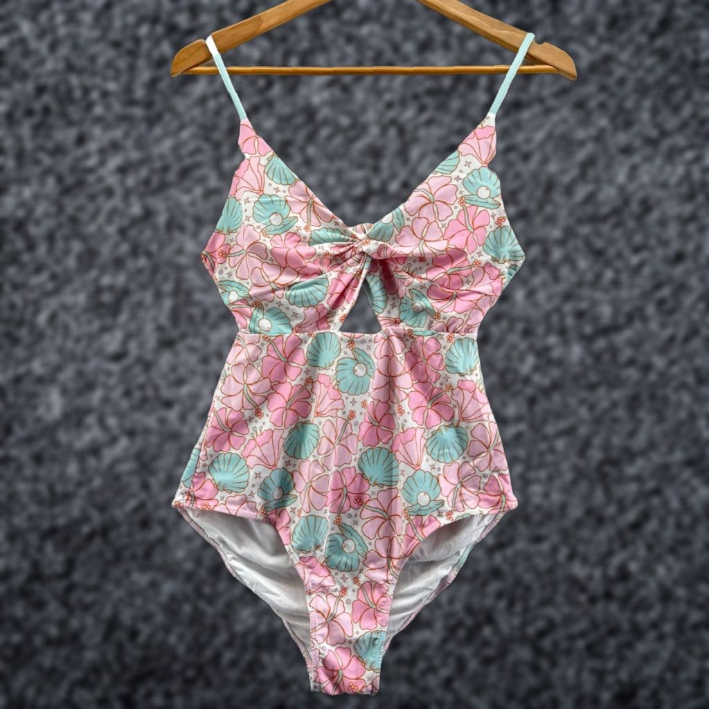 Vintage Caden Lane One-Piece Swimsuit Pink Blue Women's L Floral Spaghetti Straps Padded Stretch Beach Mermaid Size ONE SIZE - 1 Thumbnail