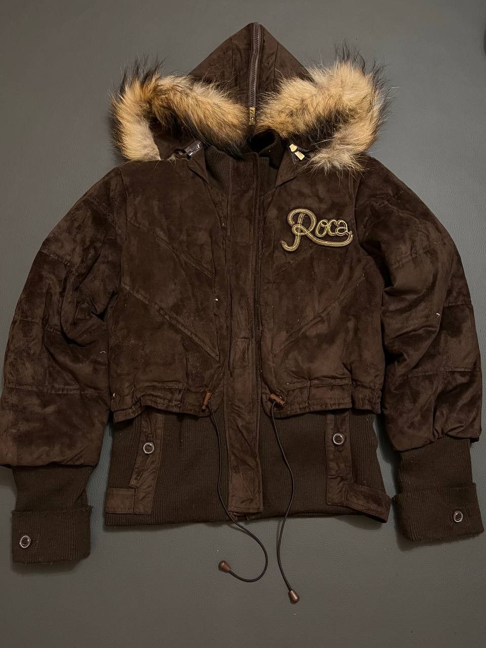 Vtg Y2K Rocawear Jacket Embroidered Black Down Cropped Fur