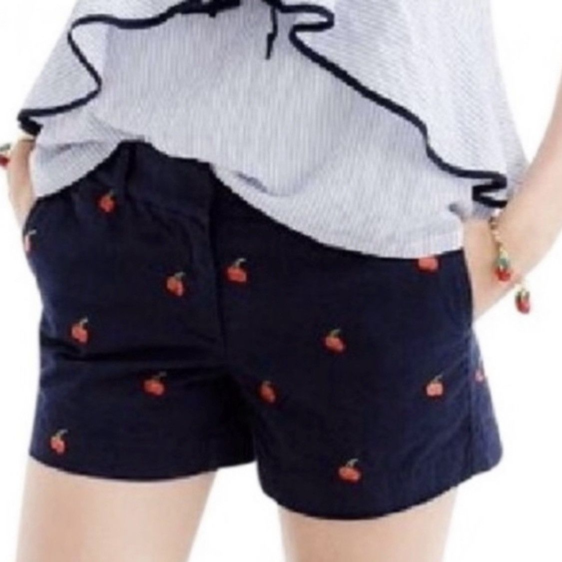 J.Crew J. Crew Blue Red Cherry Embroidered Shorts Chino Preppy Size 27" / US 4 / IT 40 - 2 Thumbnail