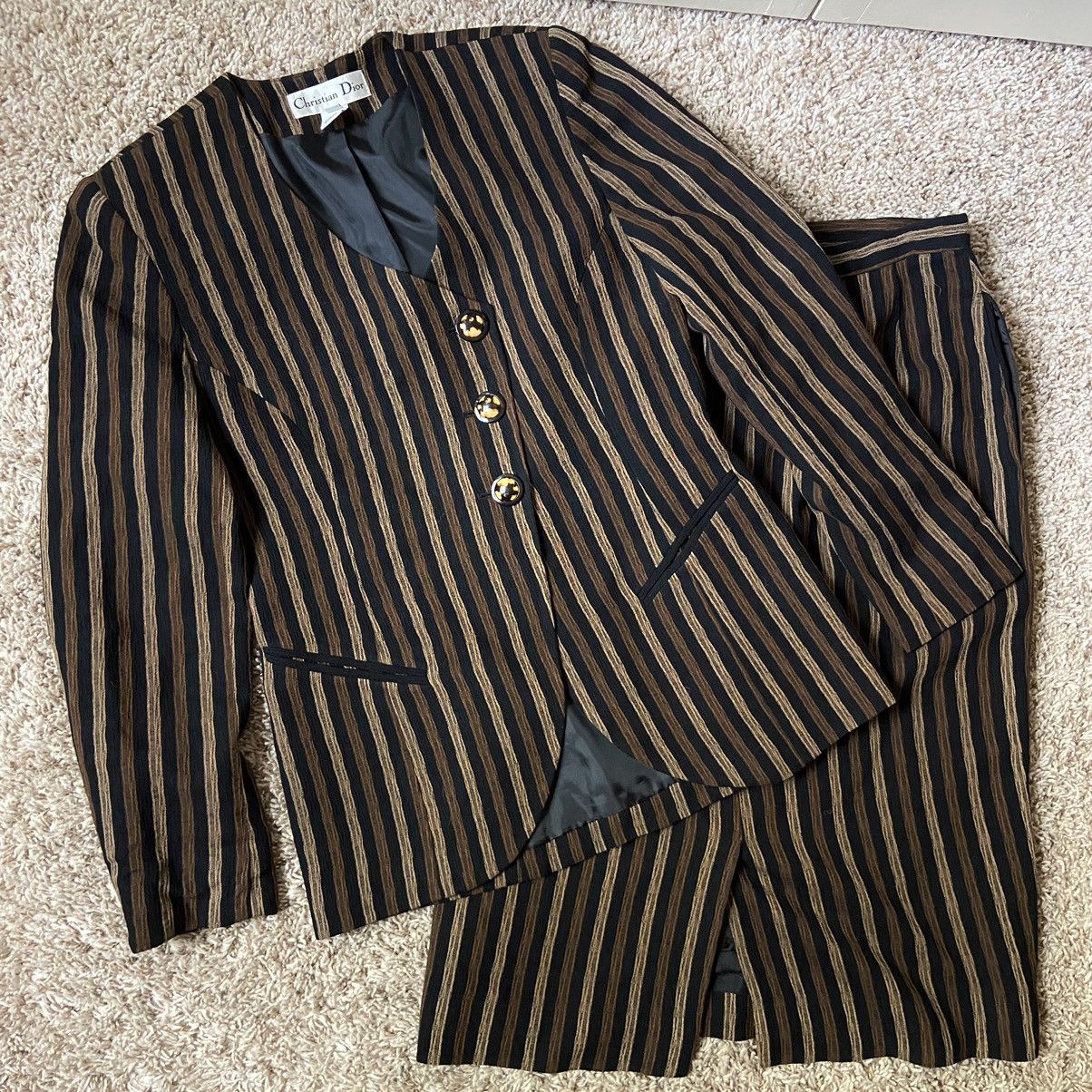 Vintage Christian Dior Brown Striped Two Piece Blazer Skirt