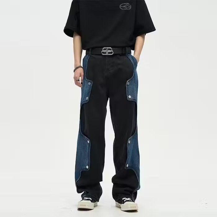 image of Distressed Denim Y2K Patchwork Baggy Jeans in Black, Men's (Size 34)
