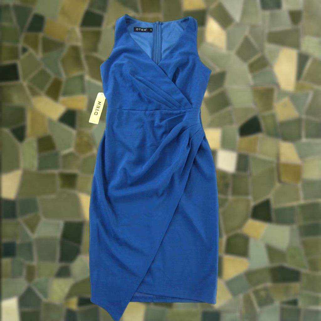 Vintage NWT OTEN Blue Stretch V-Neck Sleeveless Asymmetric Sheath Wrap Dress Small Size S / US 4 / IT 40 - 1 Thumbnail