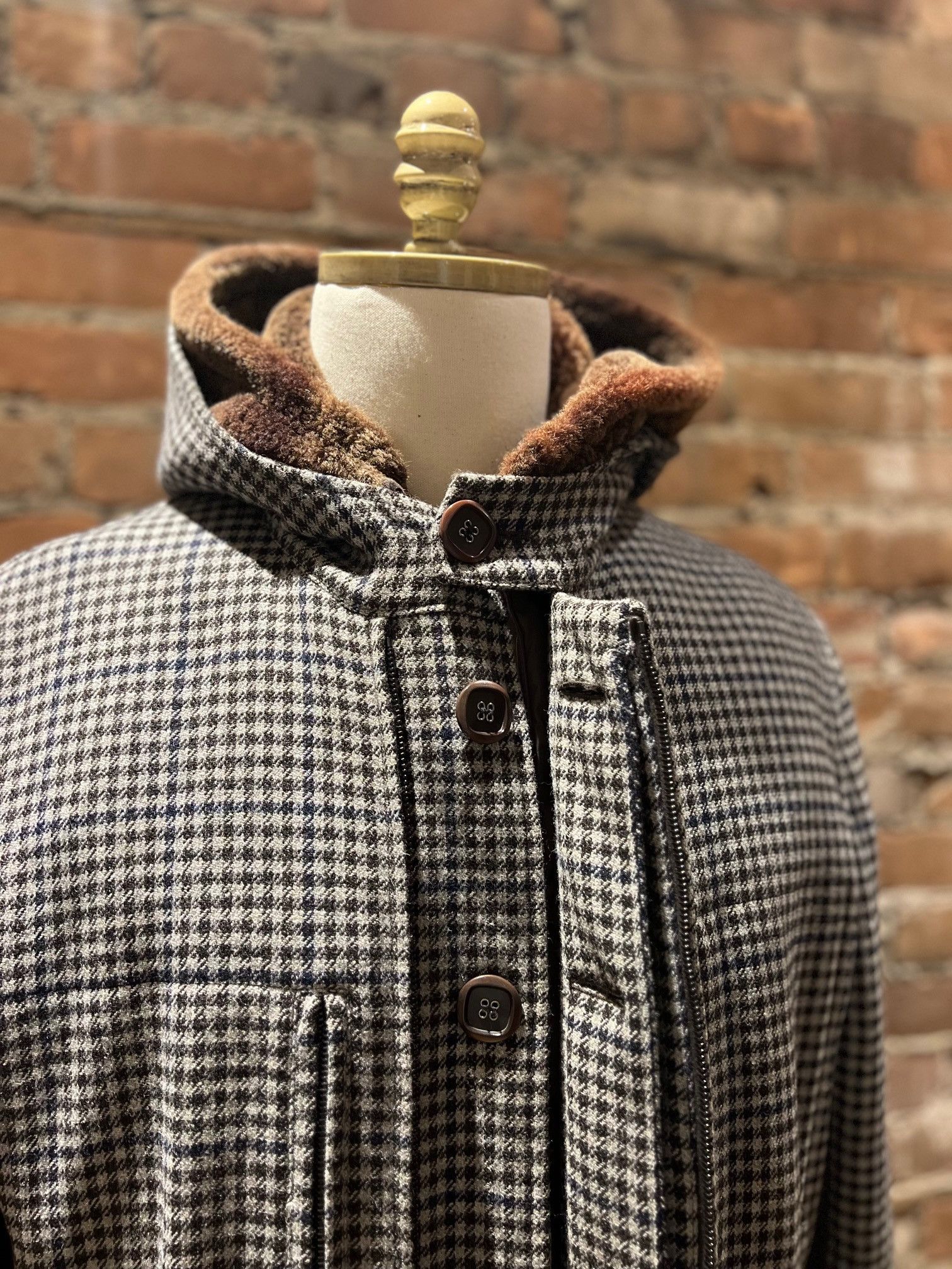 Etro ETRO Milano Wool Blend Houndstooth Coat with Shearling Hood Size US L / EU 52-54 / 3 - 6 Thumbnail