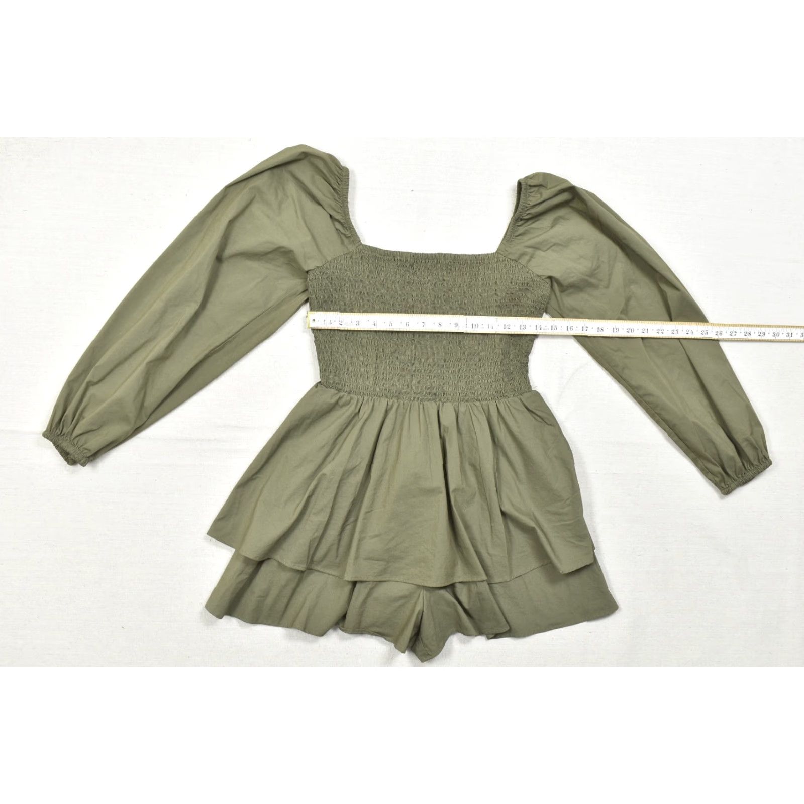 Express Express Shirt Womens M Olive Green Smocked Puff Sleeve Peplum Top Cotton Blend Size M / US 6-8 / IT 42-44 - 3 Thumbnail