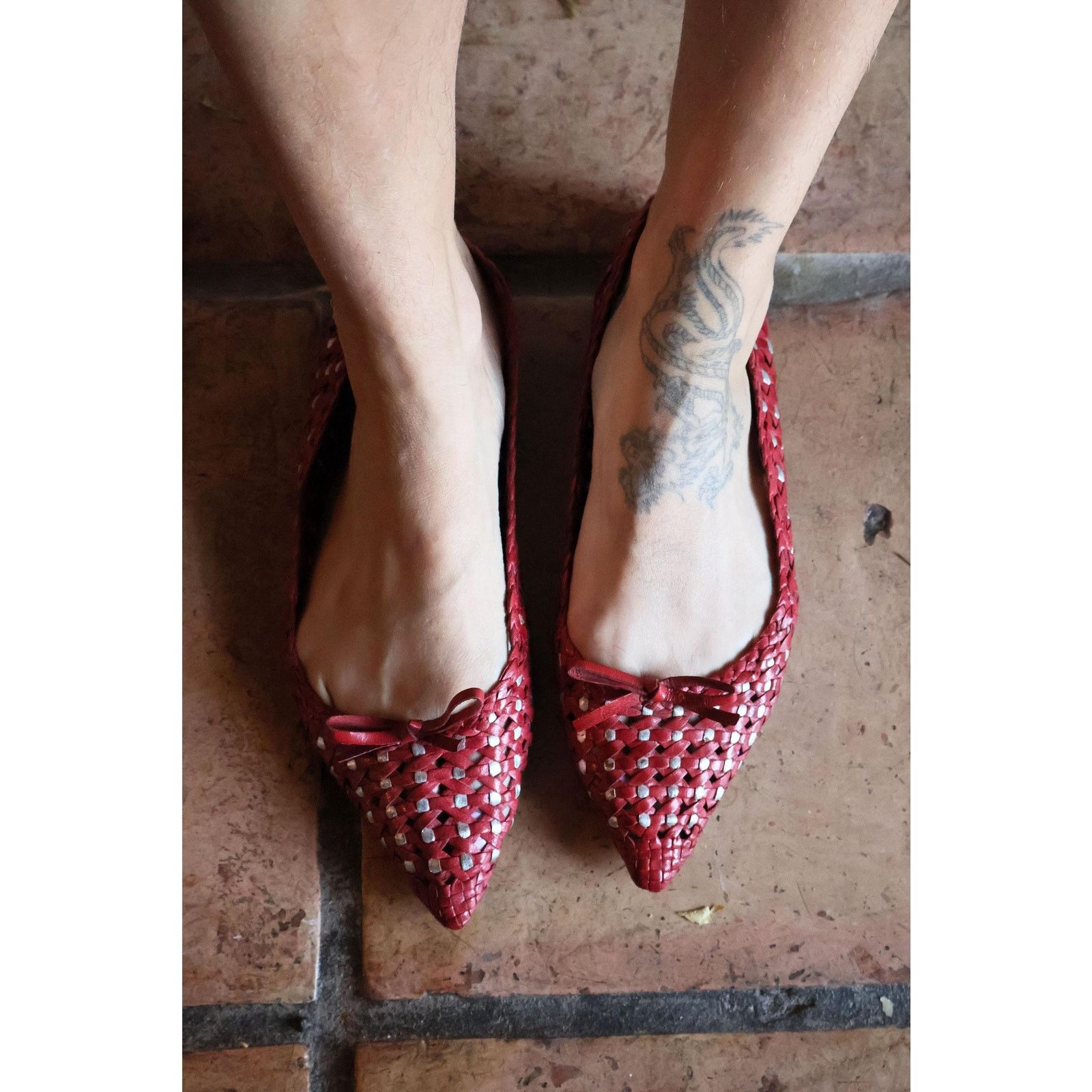 Prada Vintage PRADA Y2K Red + Metallic Silver Leather Woven Flats Size US 10 / IT 40 - 2 Thumbnail