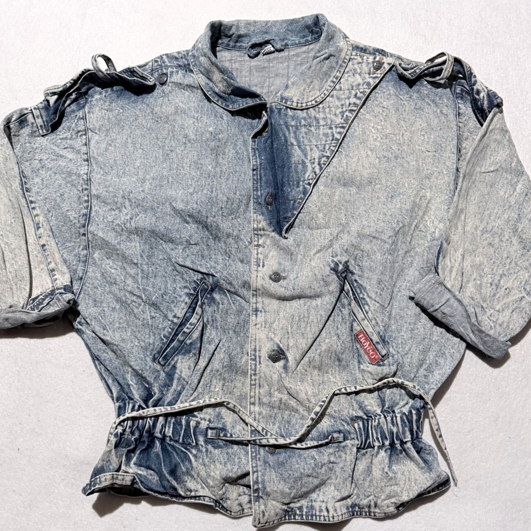 X-LARGE VINTAGE Boyco Jacket Women Blue Acid Wash Denim Tie Elastic Waist Retro - Large Denim Jacket Woman Blue Acid Wash Retro Tie Elastic Waist Large Size L / US 10 / IT 46 - 2 Thumbnail
