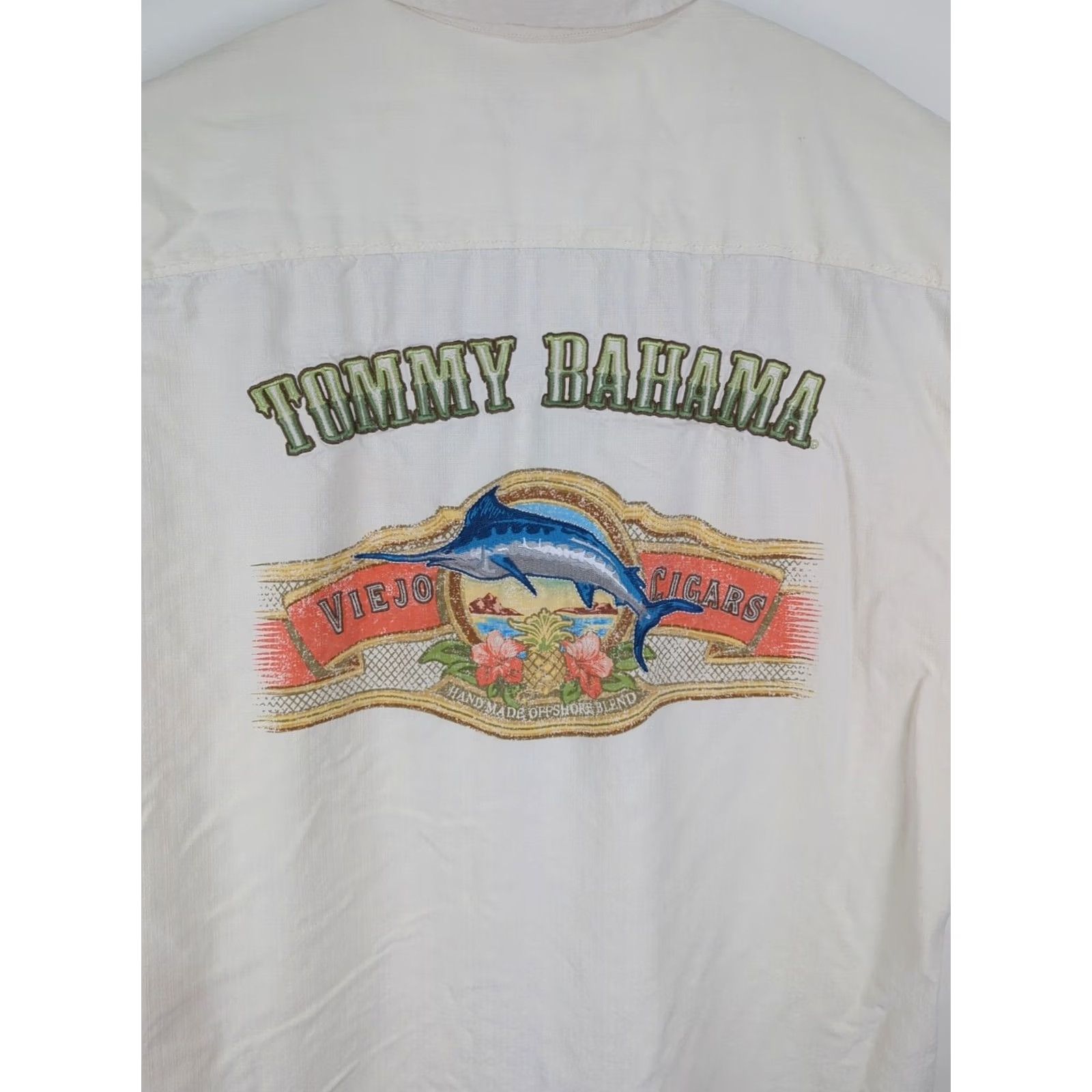 Tommy Bahama VINTAGE Tommy Bahama Silk Hawaiian Shirt Embroidered Marlin Viejo Cigars Large Button-Up Shirt, Cream, Men’s L, Short Sleeve, Casual Size US L / EU 52-54 / 3 - 2 Thumbnail