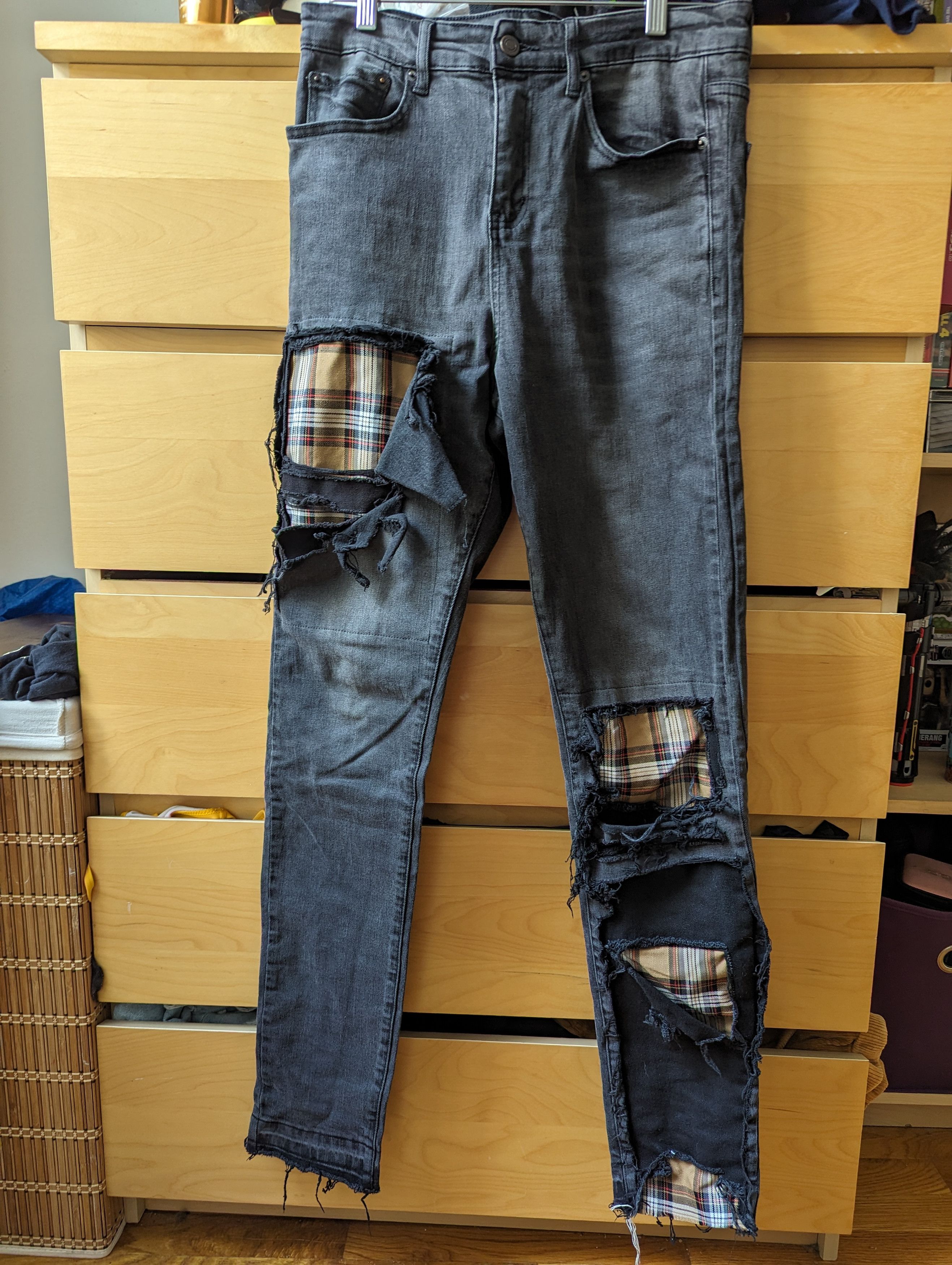 image of Distressed Denim x Val Kristopher Distressed Jeans With Plaid Burberry Pattern in Black (Size 30)