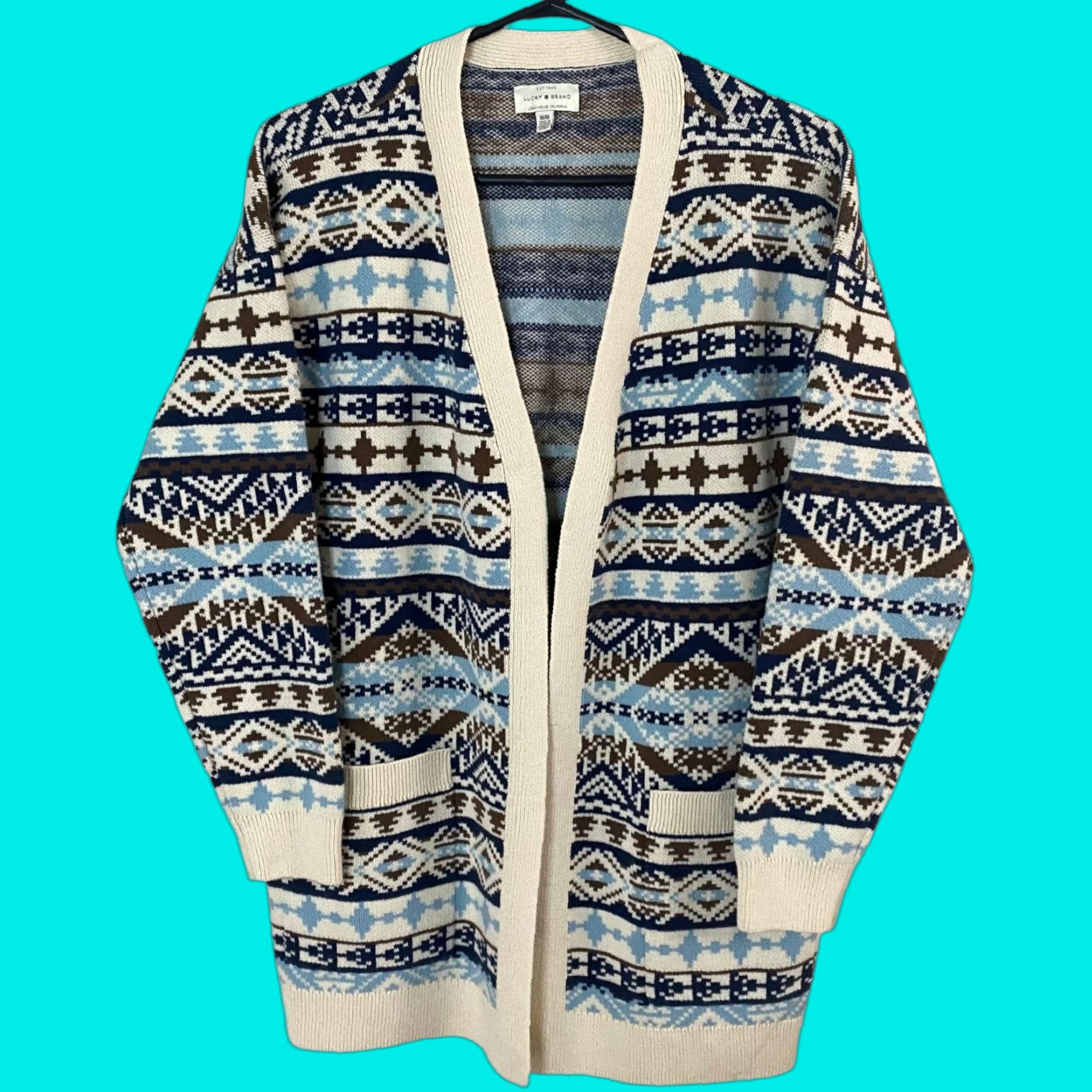 Lucky Brand Lucky Brand Aztec Sweater Cardigan Women's M Multicolor Knit Open Pockets Geometric Bohemian Classic Tribal Long-Sleeve Size M / US 6-8 / IT 42-44 - 1 Thumbnail