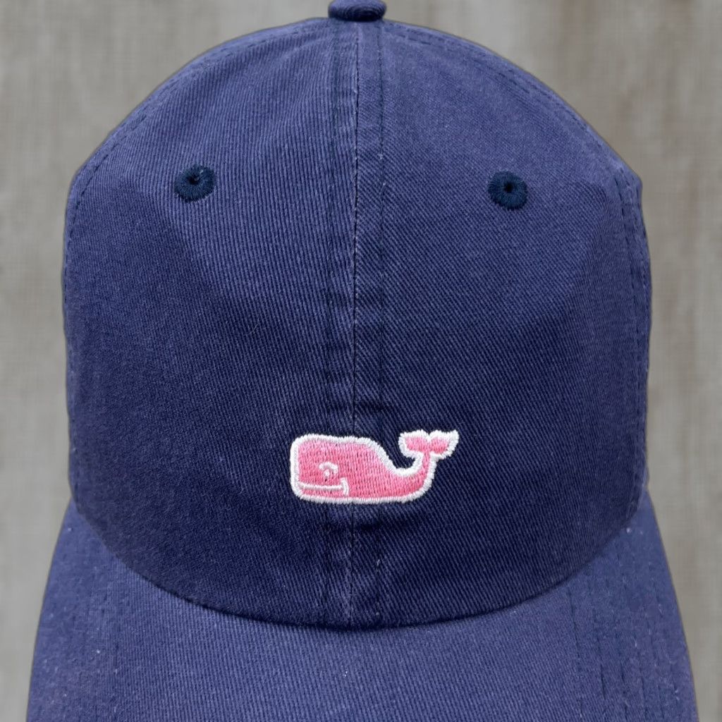 Vineyard Vines Vineyard Vines Hat Cap Strap Back Navy Blue Pink Whale Spell Out Logo Preppy Dad Baseball Cap Men One Size Adjustable Twill Cotton Size ONE SIZE - 1 Thumbnail