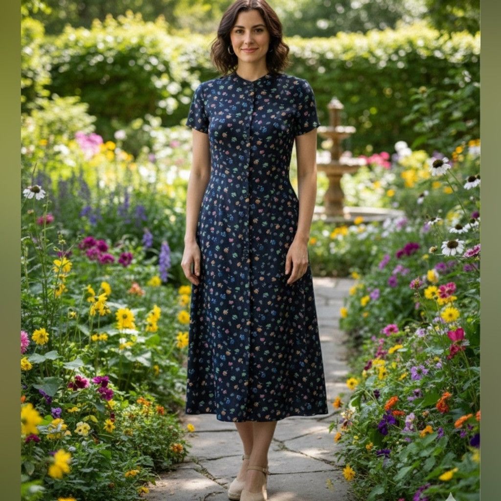 Vintage VTG Eaton Essentials Navy Floral Short Sleeve Crepe Dress 8 Size M / US 6-8 / IT 42-44 - 1 Thumbnail