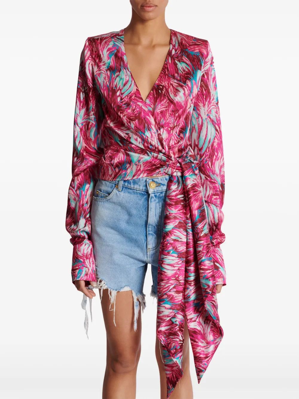 Balmain o1s1wg110825 Feather Print Silk Blouse in Pink/Blue Size M / US 6-8 / IT 42-44 - 2 Thumbnail