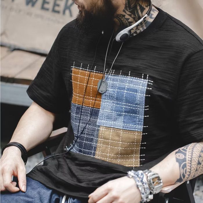 💥boro Japanese style square stiching print shirt