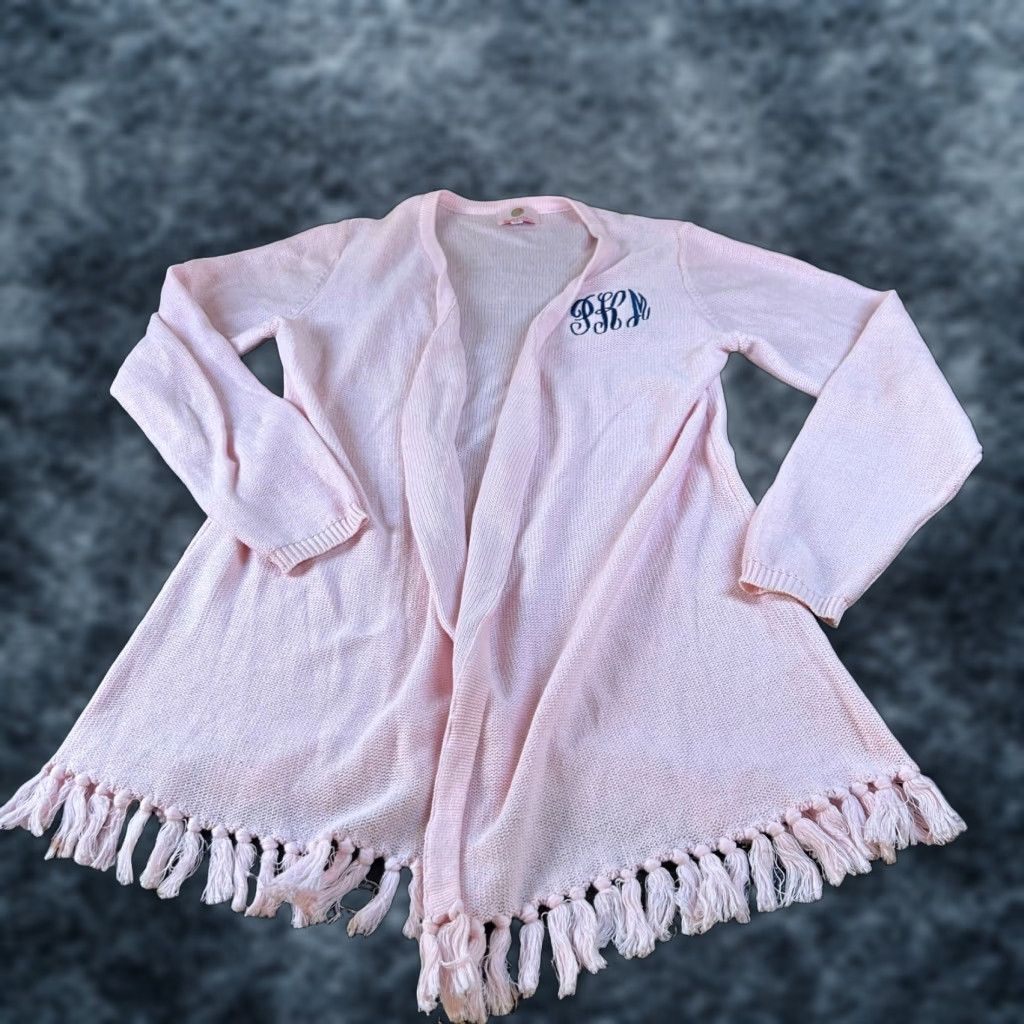 Vintage MarleyLilly Cardigan Women Large Pink Fringe Open Front Knit Sweater Monogrammed Size L / US 10 / IT 46 - 1 Thumbnail