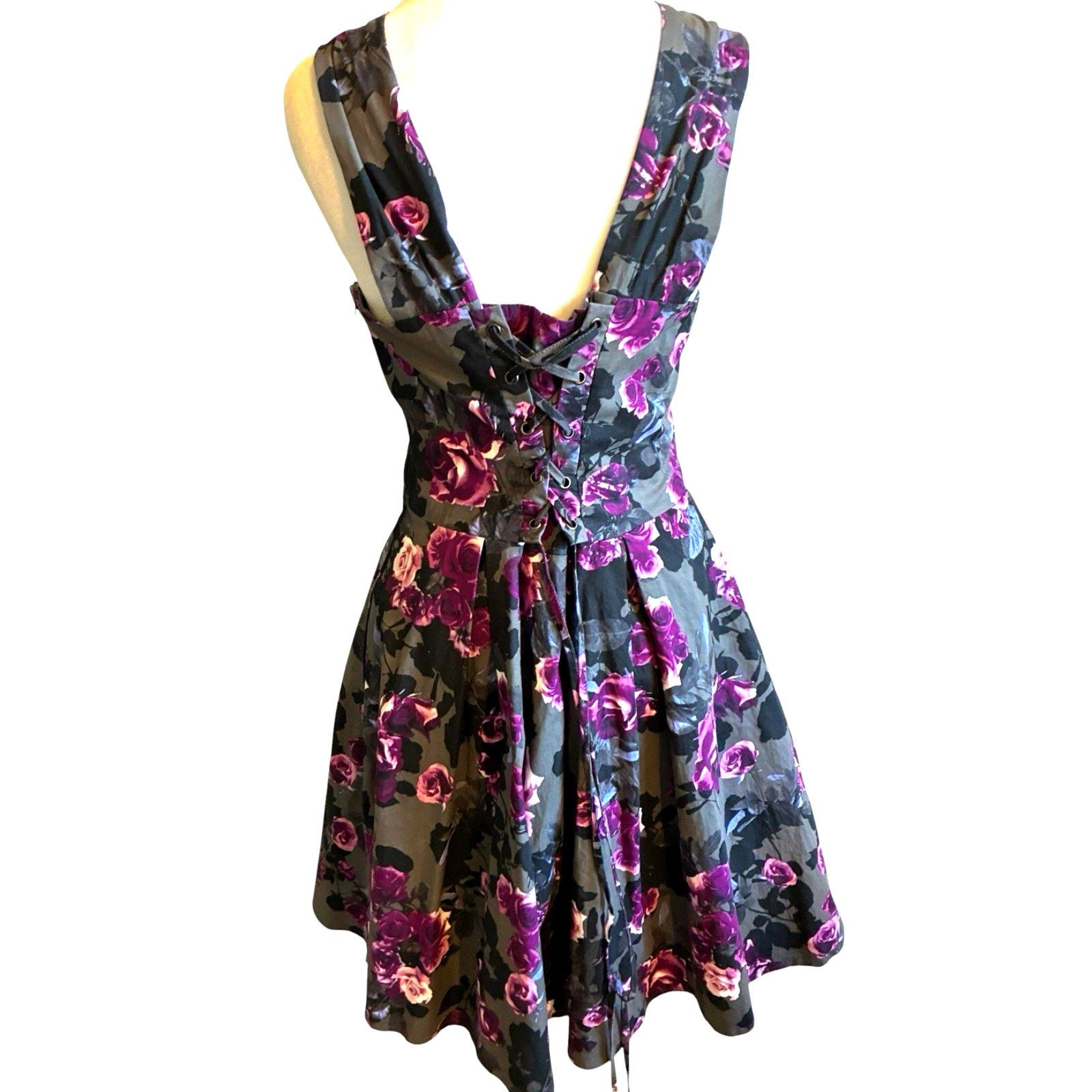 Hot Topic Hot Topic Y2K Purple Roses Fit Flare Mini Dress 2XLTie Back Size XXL / US 16-18 / IT 52-54 - 4 Thumbnail