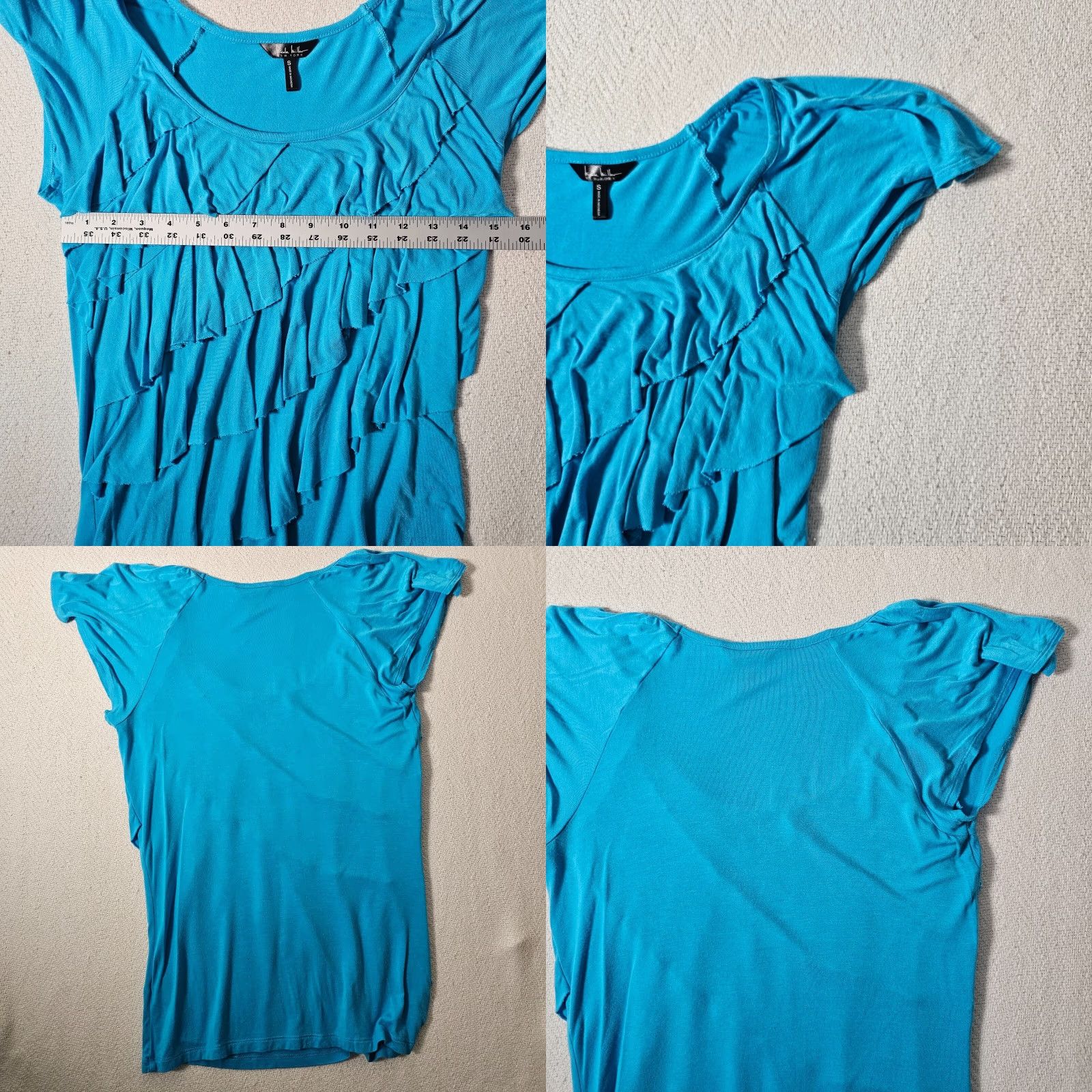 Nicole Miller VINTAGE Nicole Miller Women's Blouse Short Sleeve Ruffled Front Casual Blue Small S Size S / US 4 / IT 40 - 8 Thumbnail