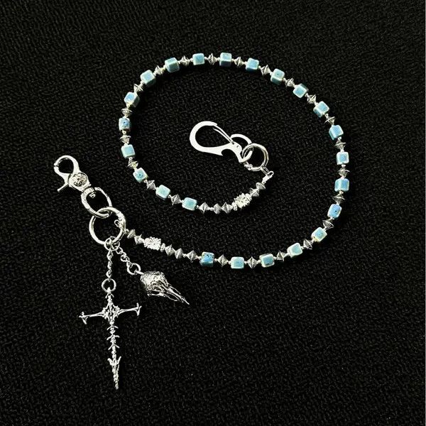 Jewelry Silver Blue Beaded Men’s Chain with Cross Pendant Size ONE SIZE - 7 Thumbnail