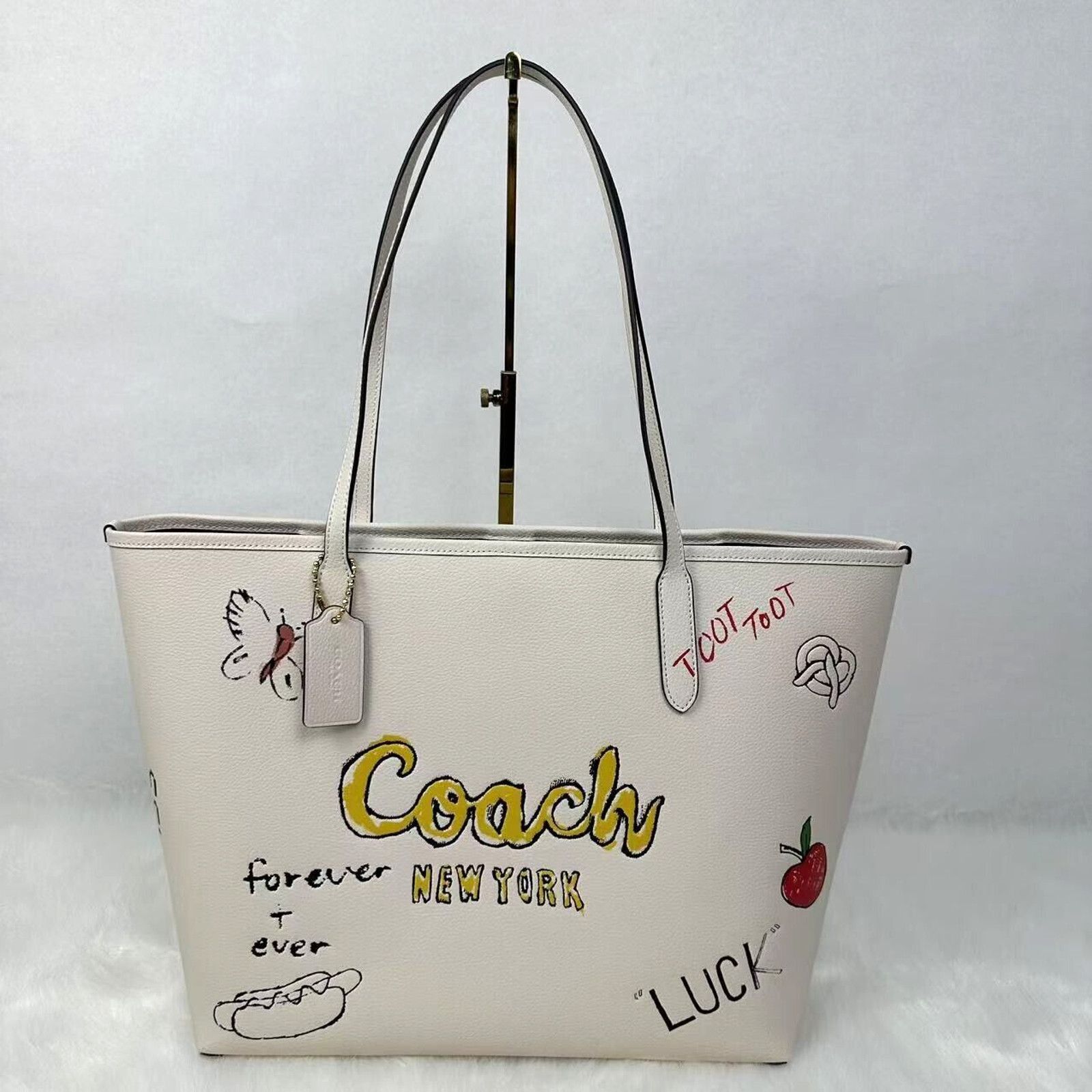 Coach City Tote Bag Sketch Print Double Face Leather Chalk in White, Women's