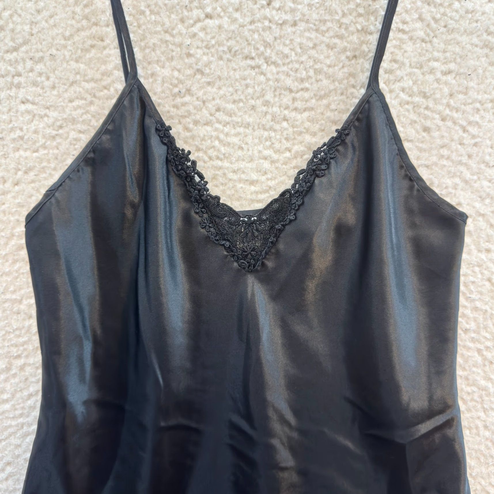 VINTAGE Secret Treasures Slip Dress M Black Satin Lace Chemise Negligee  Womens M/L Satin Slip