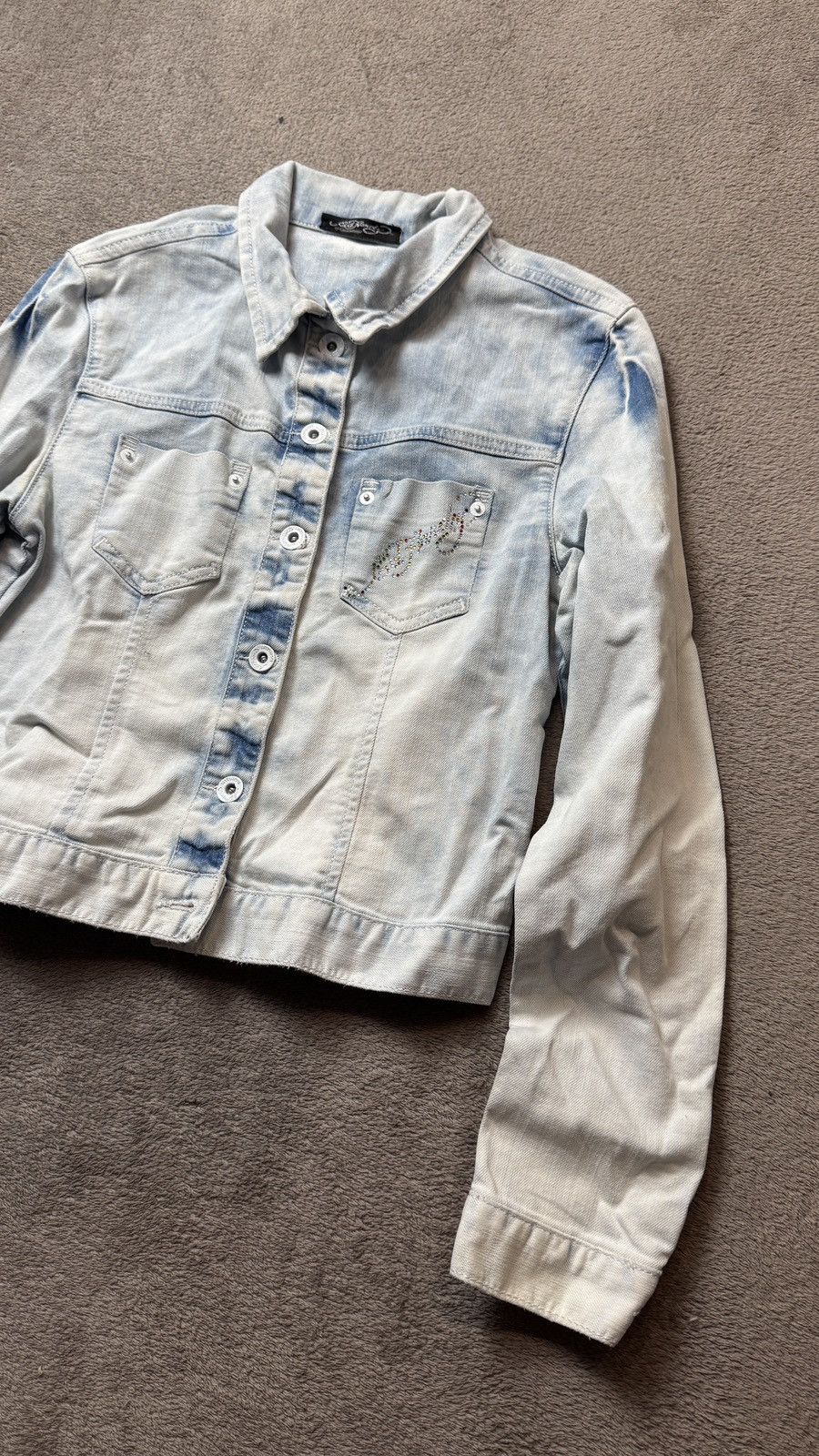 Ed Hardy Y2K Ed Hardi Vintage Rhinestone Washed Denim Cropped Jacket Size S / US 4 / IT 40 - 3 Thumbnail