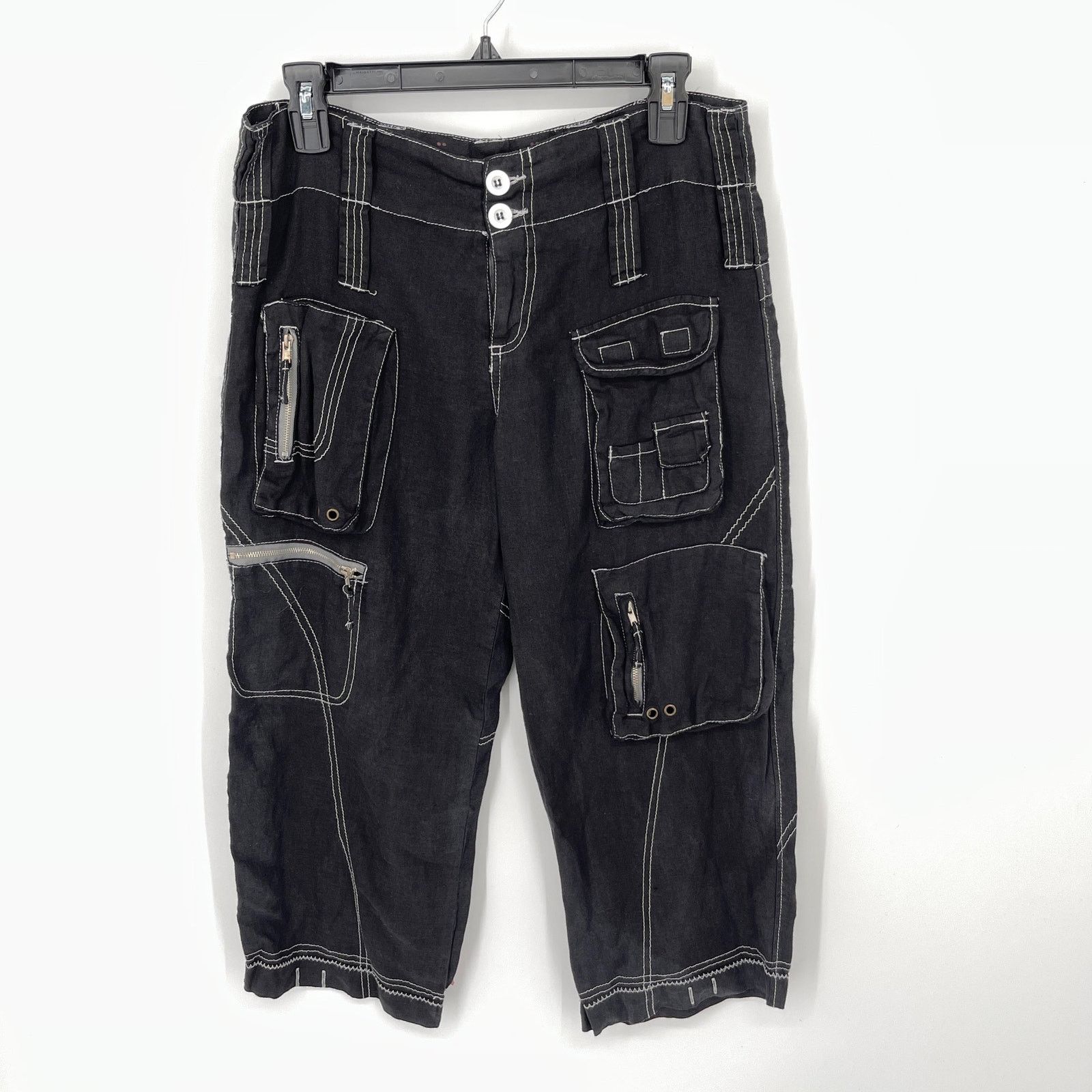 image of Pete & Greta By Johnny Was Linen Cargo Capri Shorts 2 Black, Women's (Size 26)
