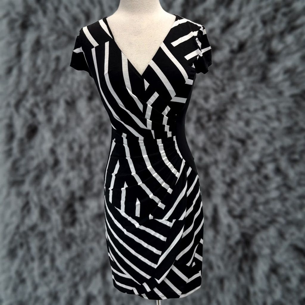 Joseph Ribkoff Joseph Ribkoff Ruched Faux Wrap Dress Womens 8 Sheath Black White Stripe Stretch Shimmer Knee Length V-Neck 3/4 Sleeve Pullover Party Cocktail Size M / US 6-8 / IT 42-44 - 1 Thumbnail