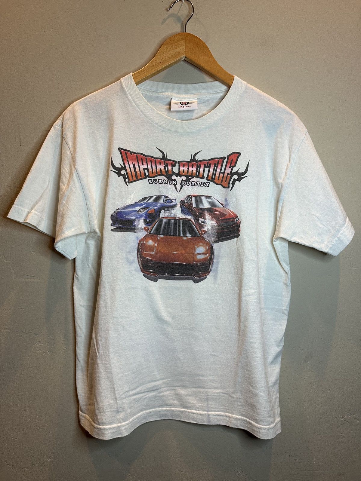 Mad Engine × Vintage *RARE* Vintage Import Battle Burnin Rubber Car Race T-Shirt Size US S / EU 44-46 / 1 - 1 Thumbnail