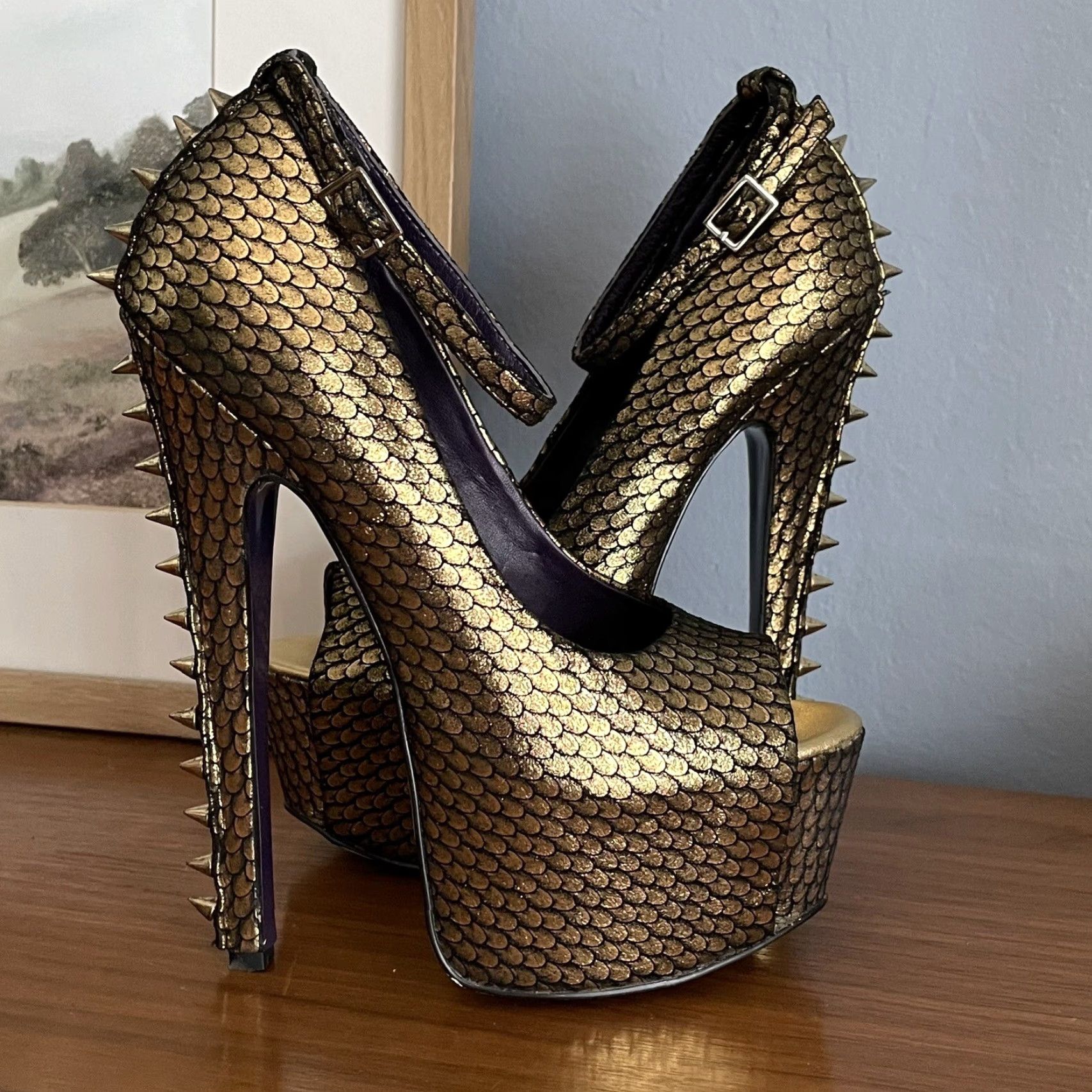 Vintage London Trash Citro Gold Metallic Studded Spikes Leather Platform Heels Size 6 Size US 6 / IT 36 - 2 Thumbnail