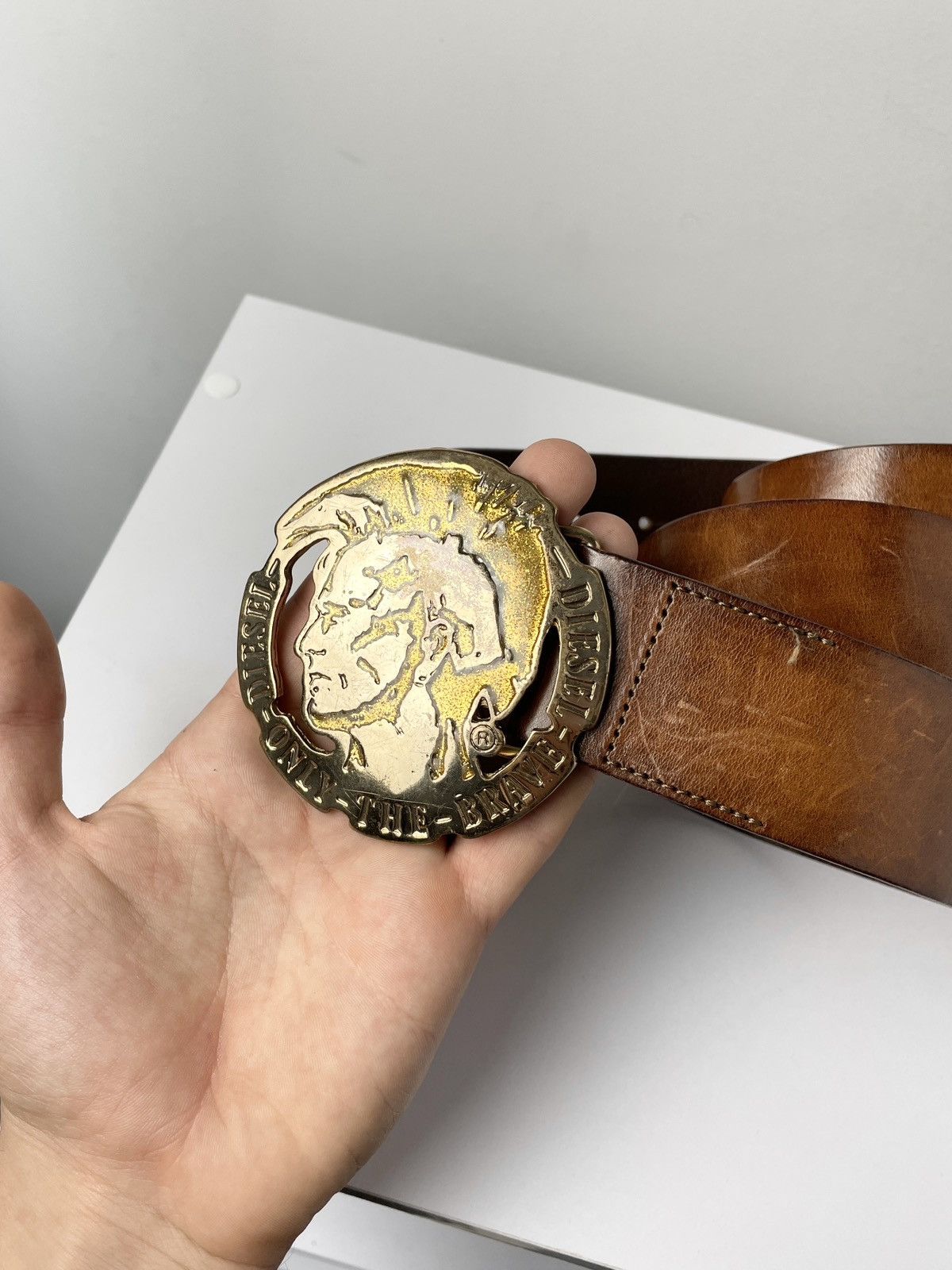 Diesel × Vintage VINTAGE Diesel Gold Punk big buckle Leather Belt Italy made Size 36 - 2 Thumbnail