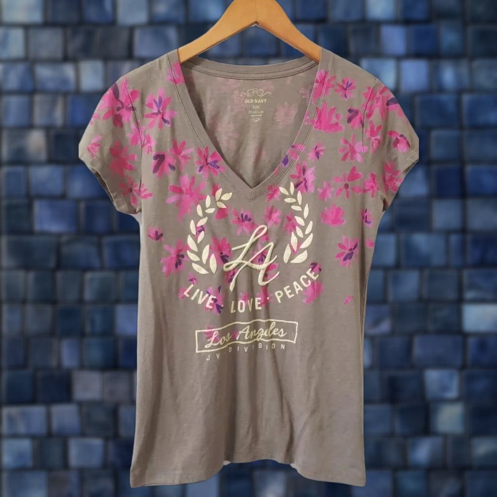 Old Navy Womens Blouse Shirt V-Neck Short Sleeve Embroidered Pink Floral M Regular Womens (Size Medium)