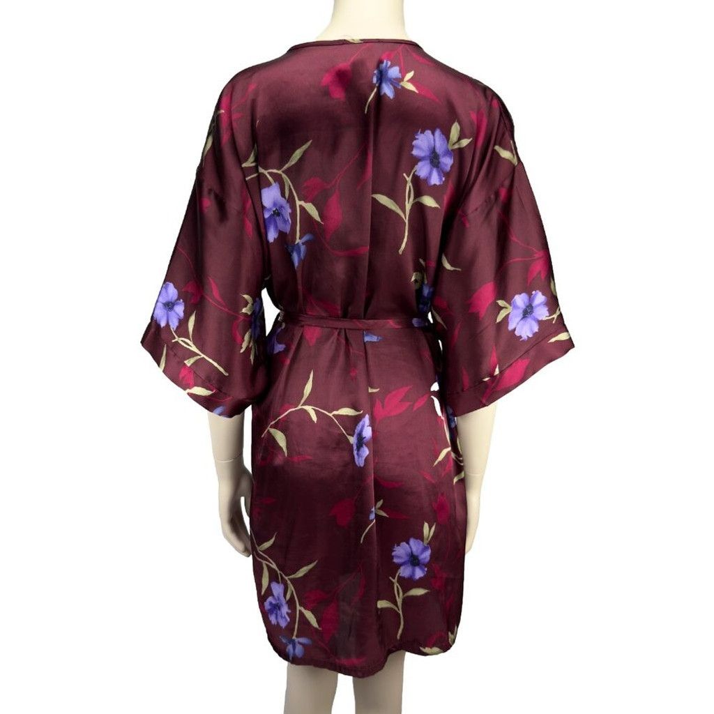 Other FASHION BUG Floral Kimono Robe Satin Knees Long Burgundy M Size ONE SIZE - 3 Thumbnail