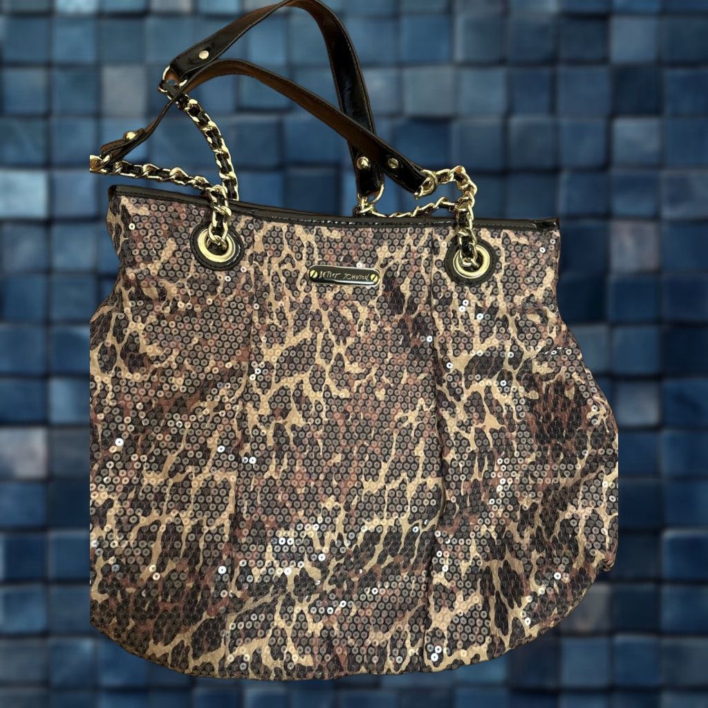 Betsey Johnson Large Tote Bag Leopard Sequin Print Gold Chain Strap Womens in White