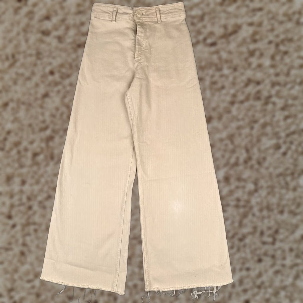 Vintage VINTAGE Womens Jeans Wide-Leg Crop Beige Denim High Rise 25x27 5-Pocket Zipper Embroidered Button Cotton 25 Regular Womens Size 42" / US 20 - 1 Thumbnail