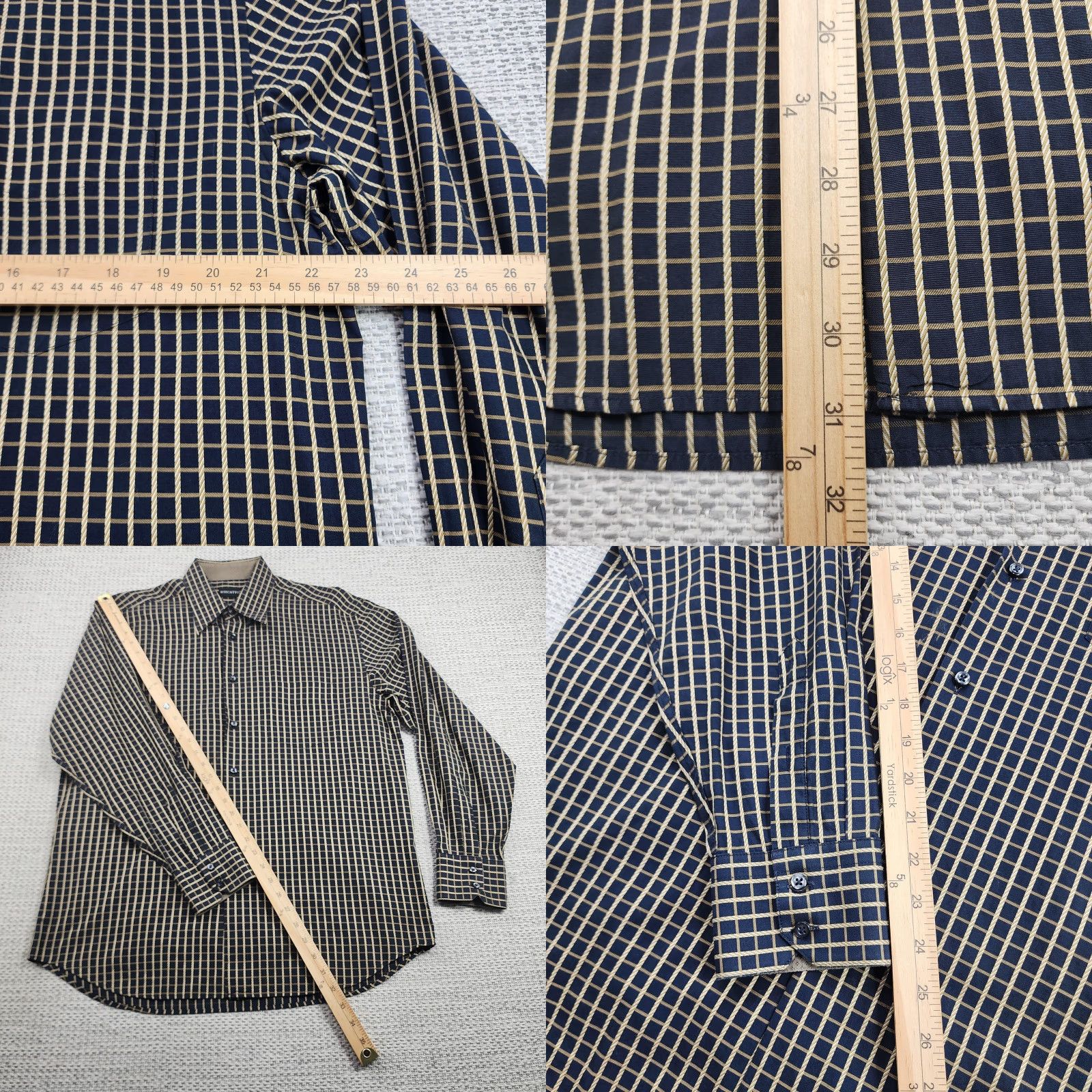 Vintage Riscatto Shirt Mens Large Navy Tan Check Dress Button Up Long Sleeve Cotton Size 42R - 8 Thumbnail