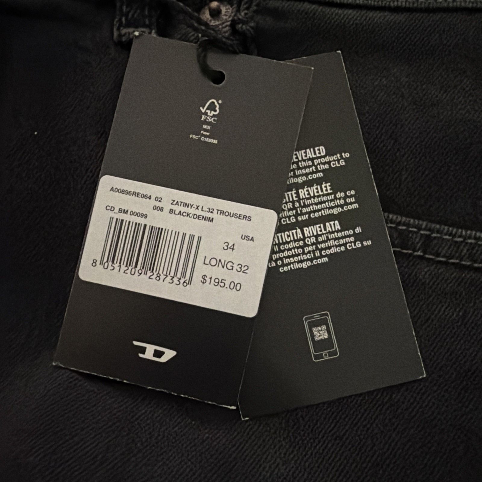 Diesel Mens Zatiny Slim Bootcut Jeans RE064 Black Size 34/32