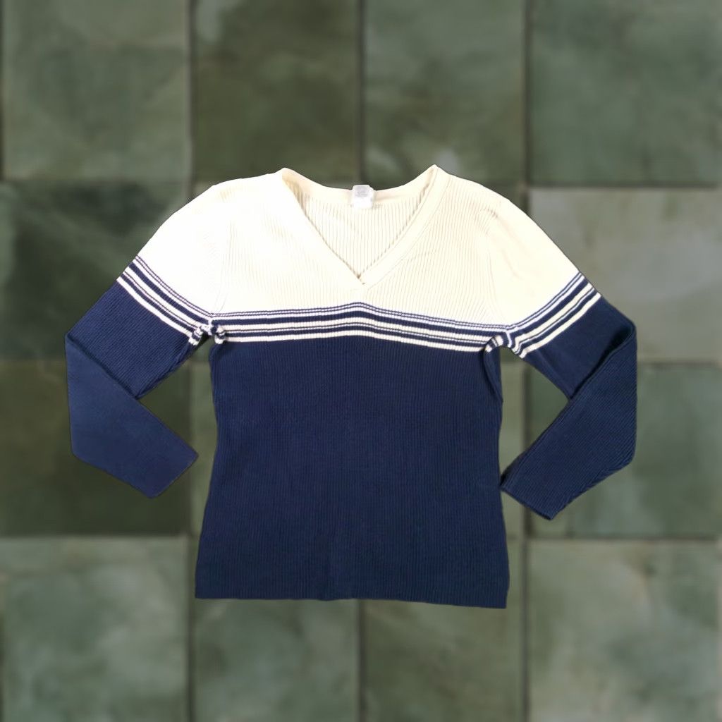 Vintage FASHION BUG Sweater Women 14 Navy Cream Striped Ribbed V-Neck Pullover Long Sleeve Casual Y2K Preppy Size XL / US 12-14 / IT 48-50 - 1 Thumbnail