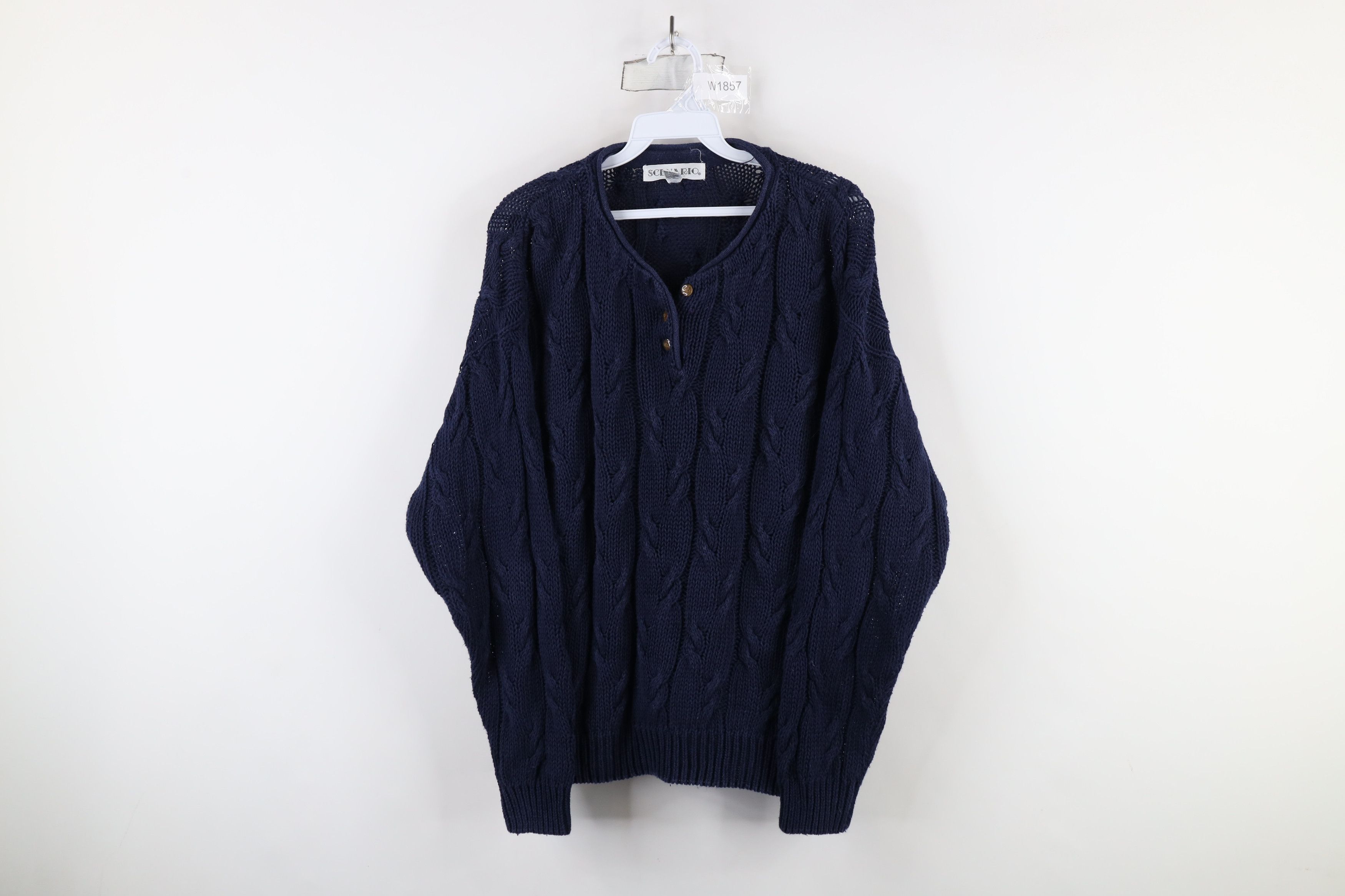 Vintage Vintage 90s Streetwear Cable Knit Henley Sweater Navy Blue Size S / US 4 / IT 40 - 1 Thumbnail
