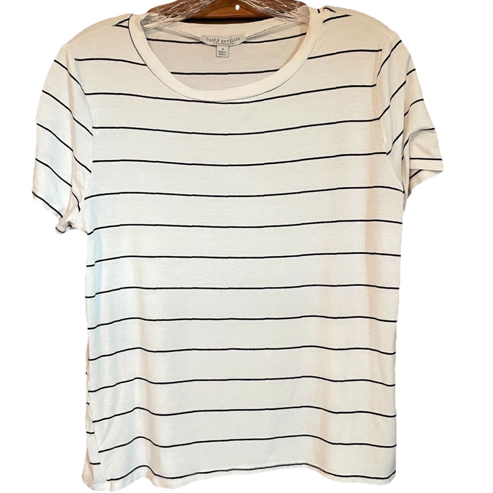Vintage Green Envelope Top Womens S Ivory Black Striped Round Neck T-Shirt Short Sleeve Size S / US 4 / IT 40 - 2 Thumbnail