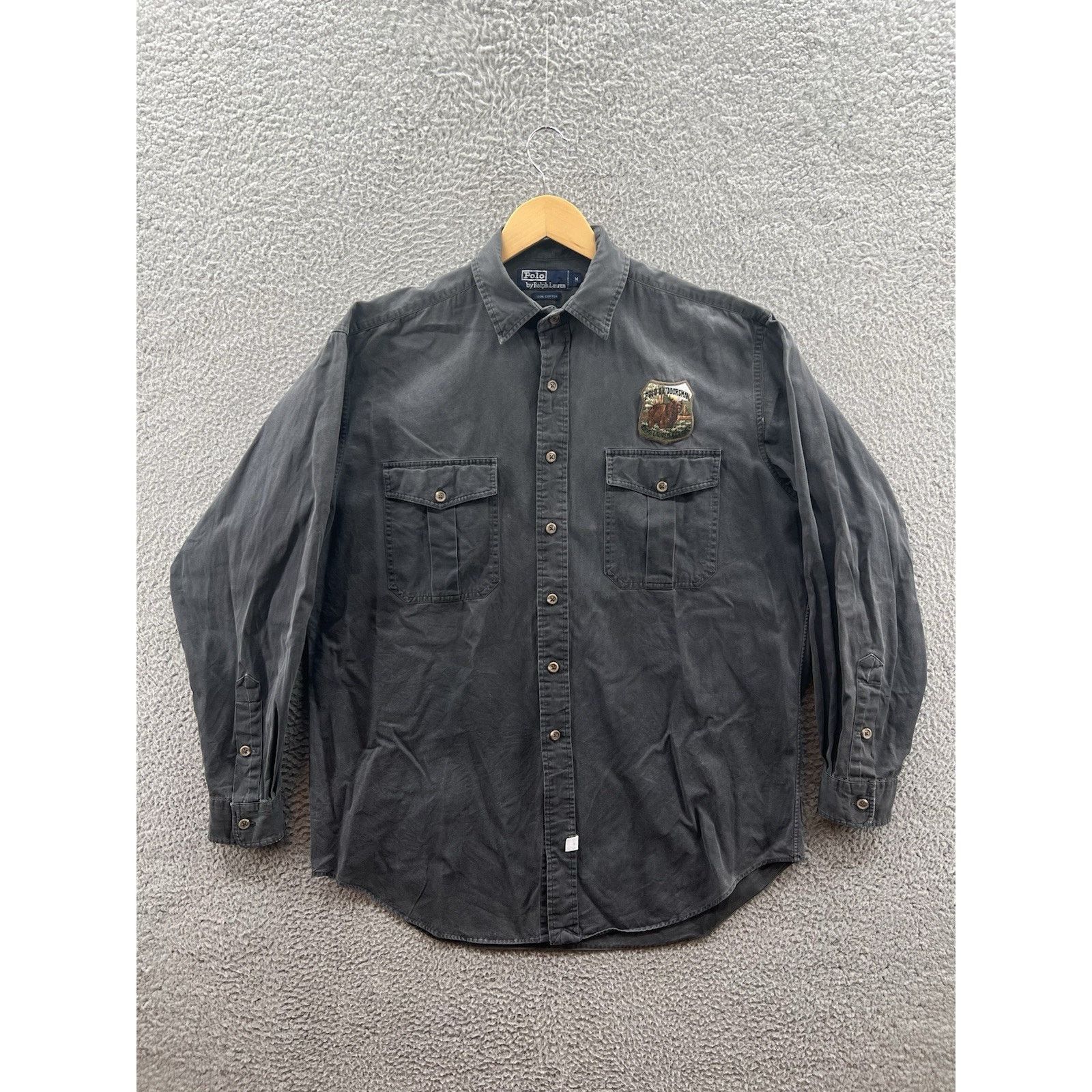 Polo Outdoorsman Bear Patch Gray Button Up Shirt Size Medium