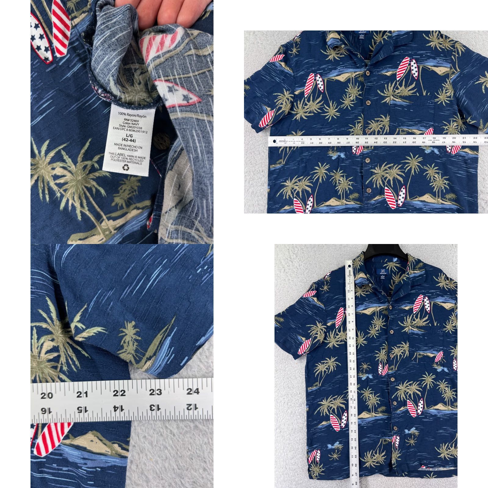 George George Shirt Mens Large Blue American Flag Surf Boards Palm Island 100% Rayon Size US L / EU 52-54 / 3 - 8 Thumbnail