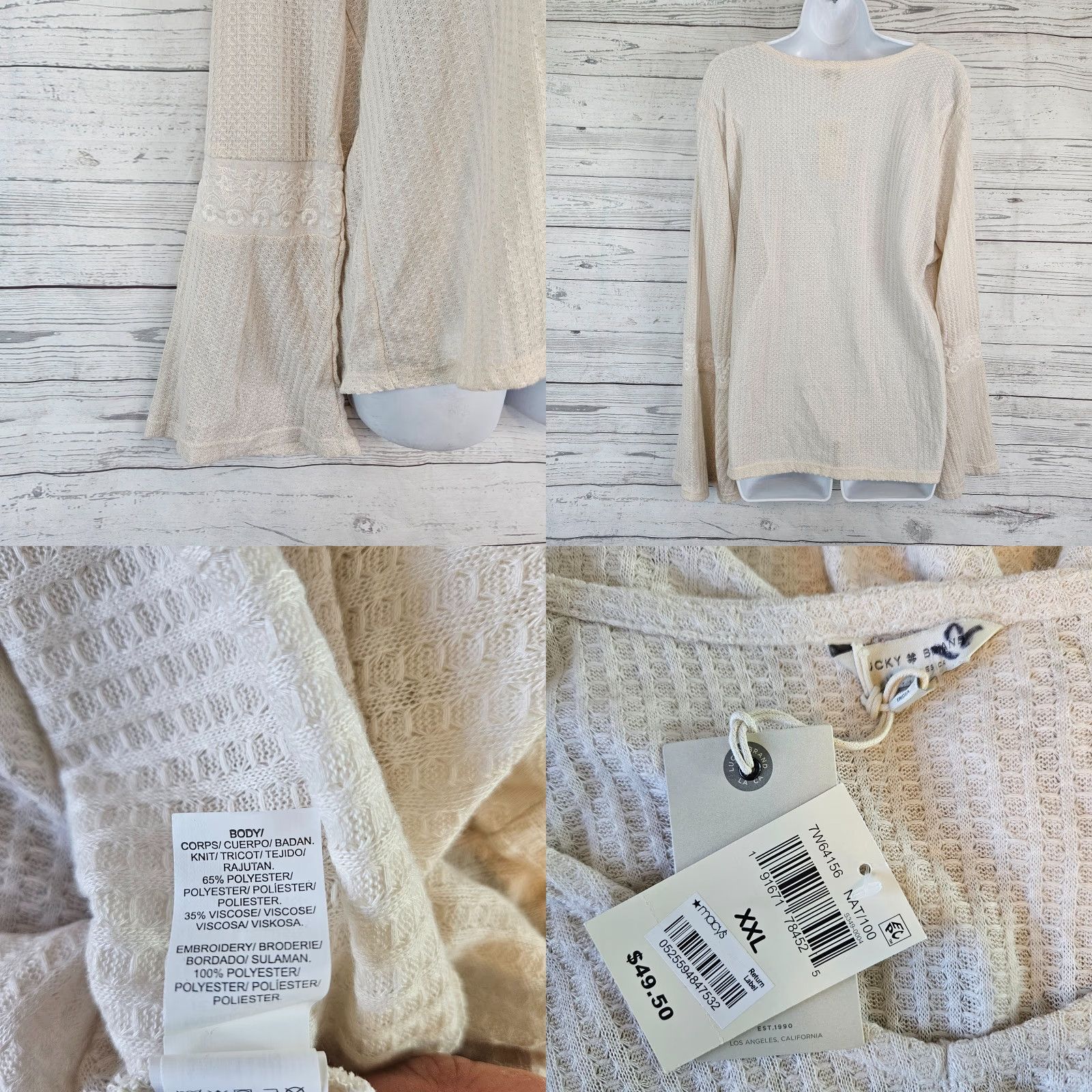 Lucky Brand Lucky Brand Womens Top Waffle Knit Cream 2XL Embroidered V-Neck Pullover Long Sleeve Shirt Size XXL / US 16-18 / IT 52-54 - 8 Thumbnail